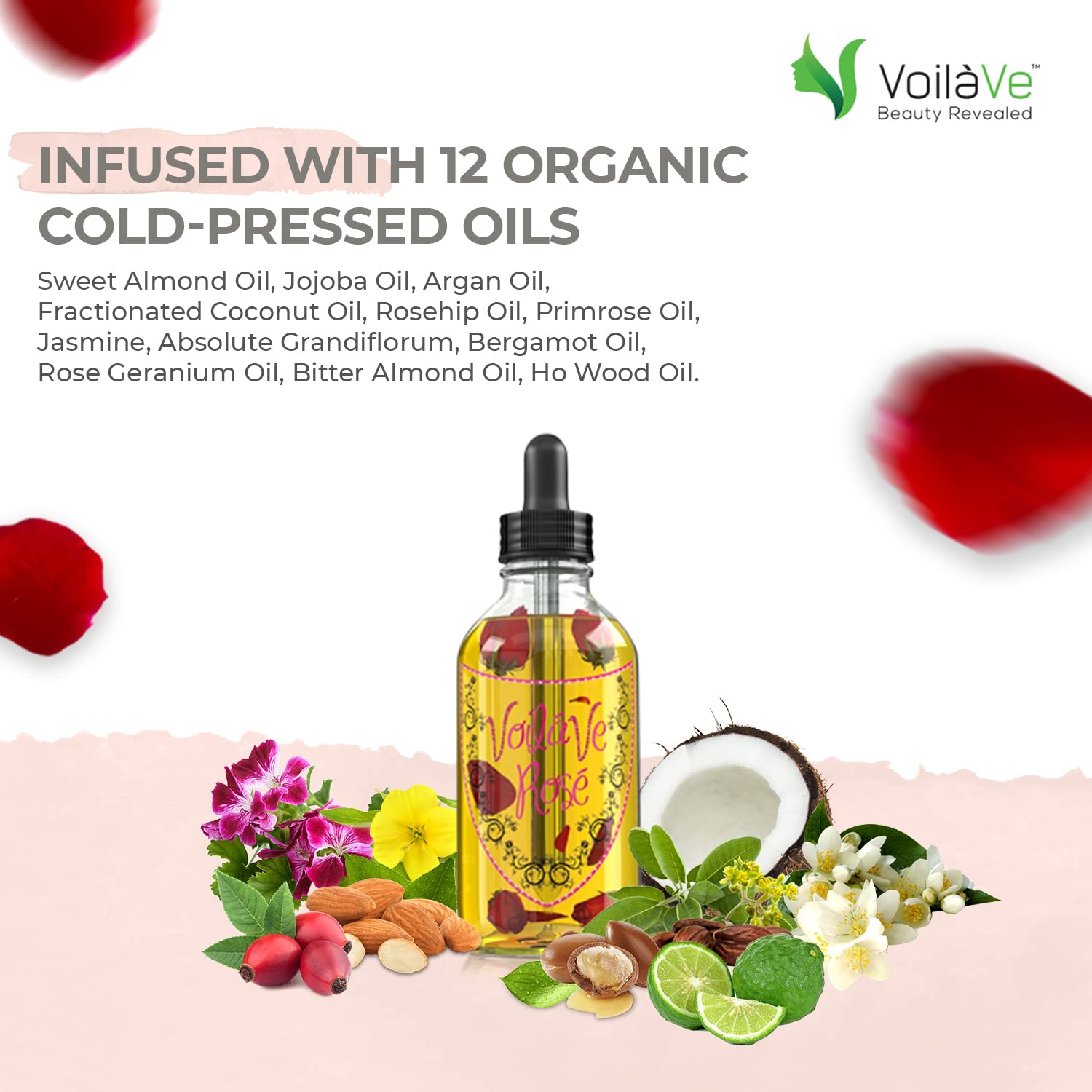 VoilaVe Organic Rose Oil for Face, Body & Hair - Natural Moisturizer for Dry Skin, Scalp, Nails & Cuticles - Anti-Aging Treatment Reduces Wrinkles, Scars & Stretch Marks - Infused with Rose Petals & Bergamot Essential Oil - 4 Fl Oz - Perfect for Daily Skincare, Massage & Aromatherapy