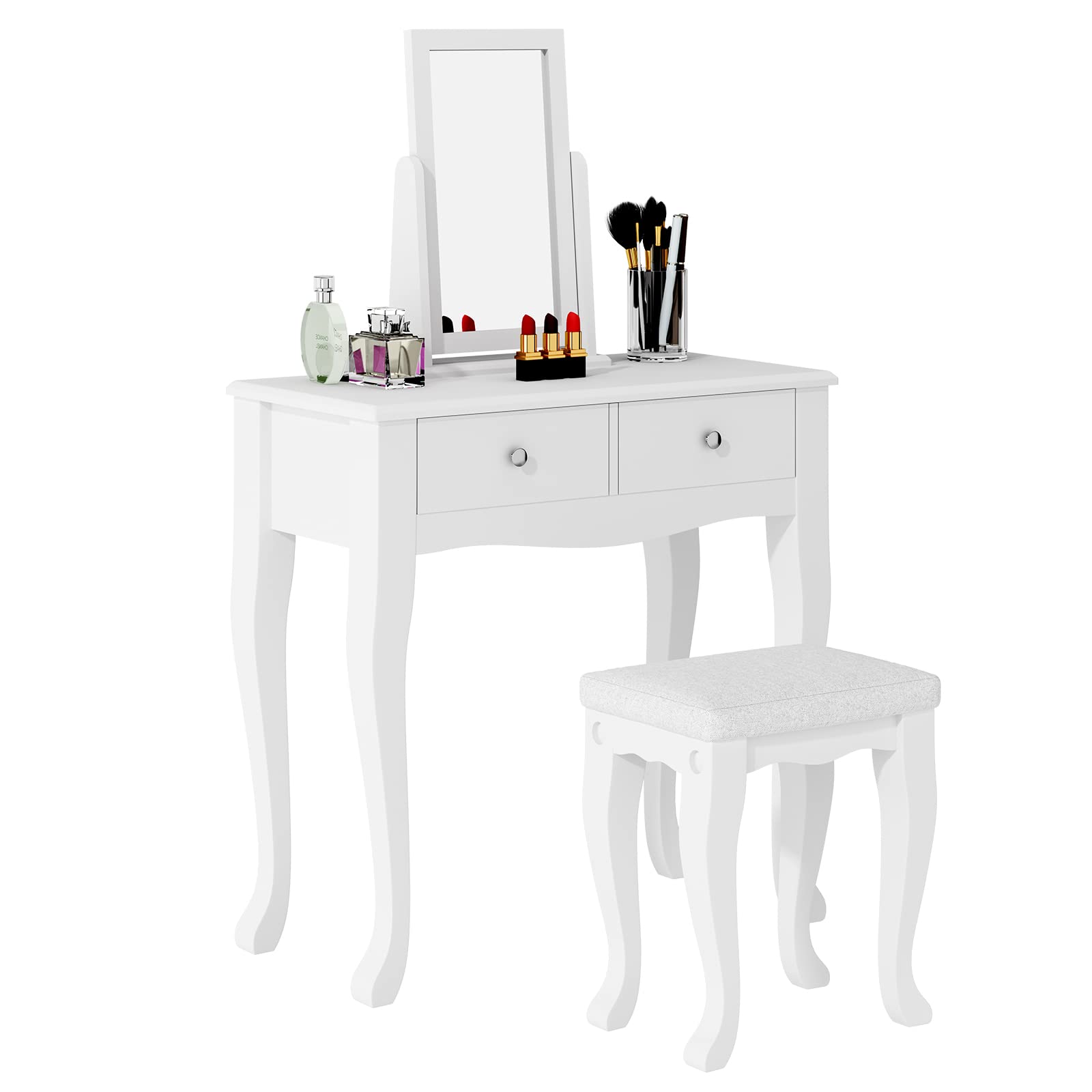 Soges White Makeup Vanity Table Set with 2-Drawer Dresser Desk, 360° Rotating Mirror & Cushioned Stool - Elegant Bedroom Dressing Table for Women's Beauty Routine, Cosmetics Organization & Home Decor