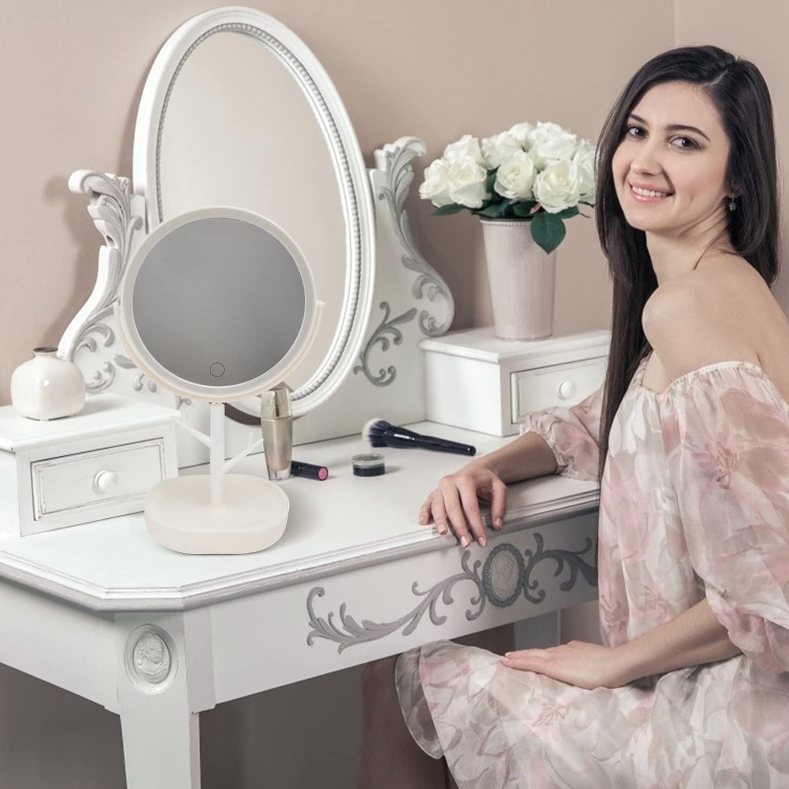 FOMIYES LED Travel Makeup Mirror with Adjustable Lighting - Foldable Portable Vanity Mirror for Home, Bathroom & Travel - Perfect for Makeup Application, Skincare Routine and On-the-Go Touch Ups (White)