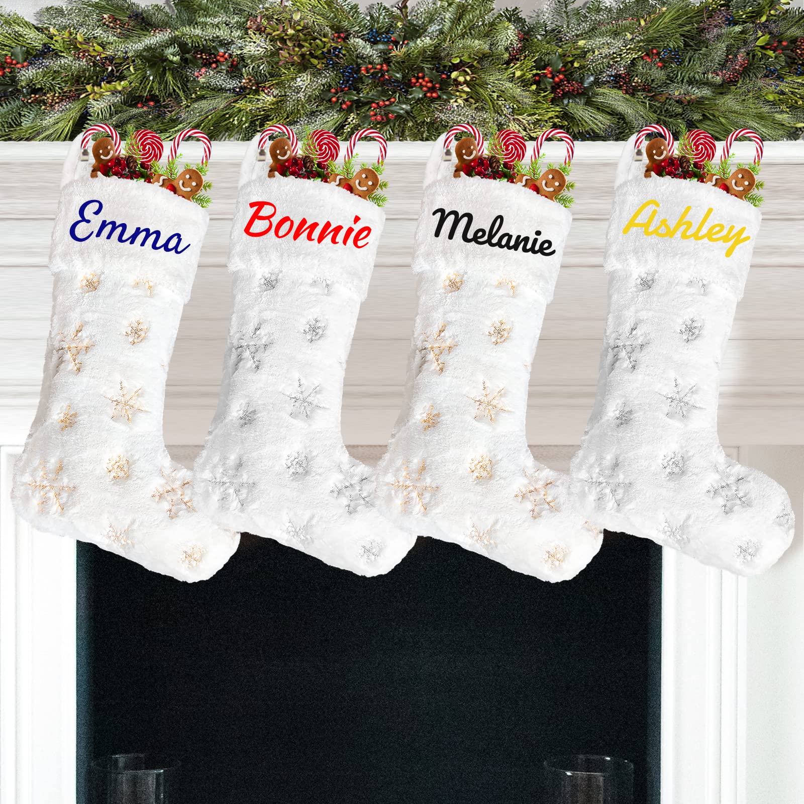 2 Pack Personalized Christmas Stockings with Names - 22 Inch Custom Embroidery Faux Fur Holiday Stockings in White with Gold/Silver Snowflake Designs - Perfect for Fireplace Mantel, Xmas Tree Decorations & Holiday Party Decor