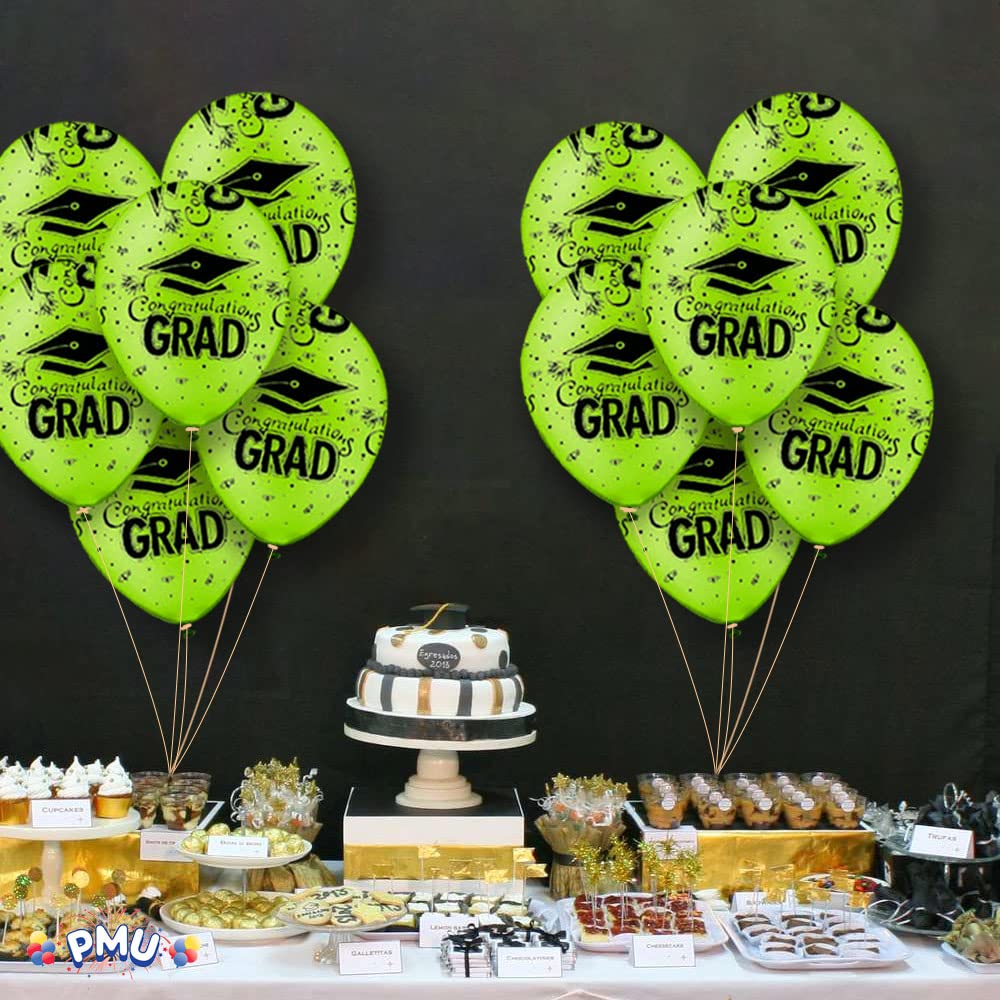 PMU Premium Lime Green Graduation Balloons with White Gradient Caps, Confetti & Streamers - 50 Pack | Latex Party Balloons for Graduation Decorations | Perfect for Graduation Parties, School Events & Celebrations