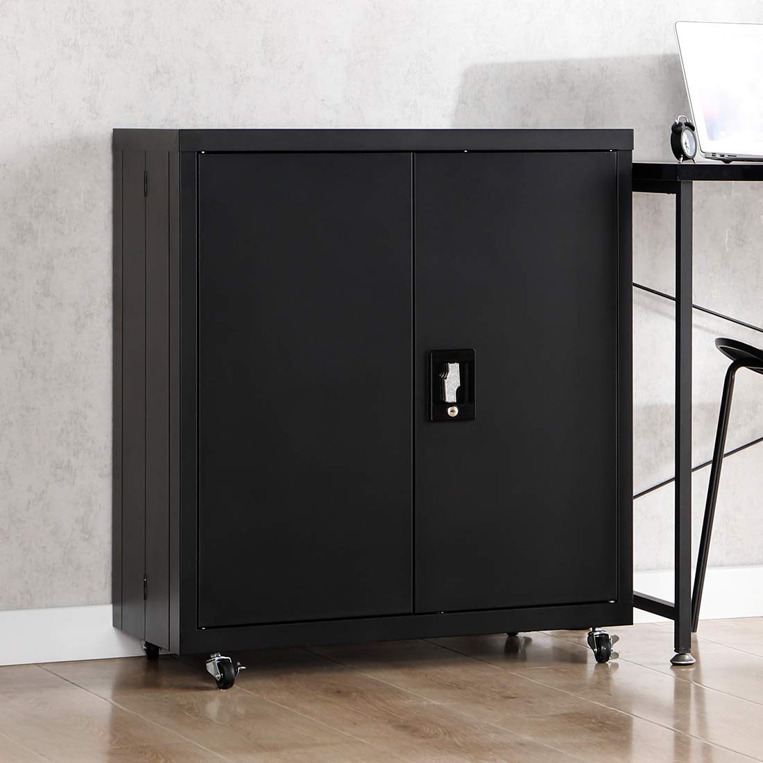 GREATMEET Lockable Metal Storage Cabinet with Wheels - 1 Adjustable Shelf, Mobile Wall Cabinet for Office, Home, Garage, Kitchen & Classroom - Black | Compact Storage Solution for Documents, Tools & Supplies