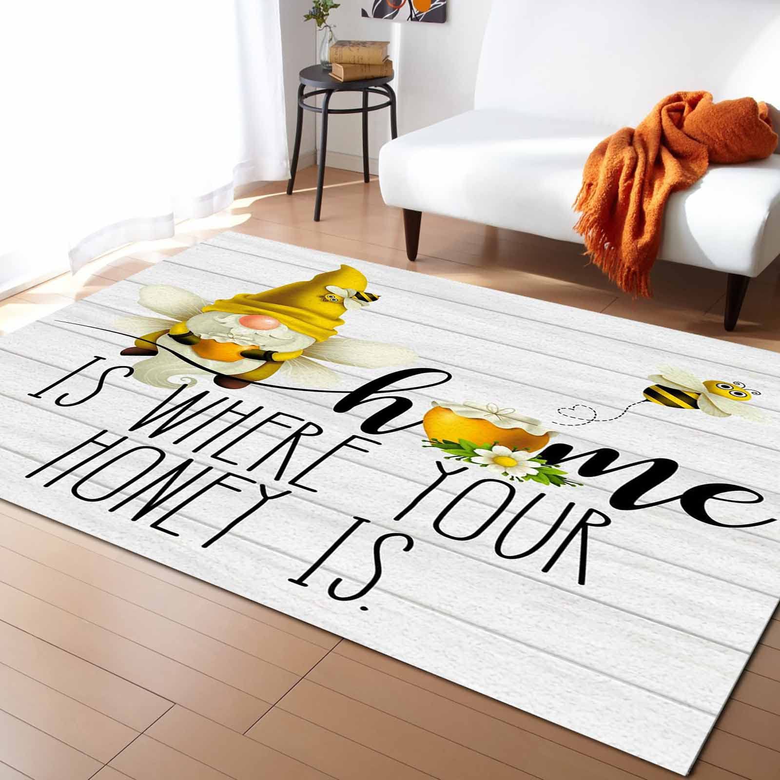 Edwiinsa 5'x8' Large Rectangle Area Rug - Honey Bee Gnome Washable Non-Slip Carpet for Living Room, Nursery, Bedroom | Summer Daisy Wooden Grain Design | Perfect for Home Decor, Standing Mat & Floor Cushion