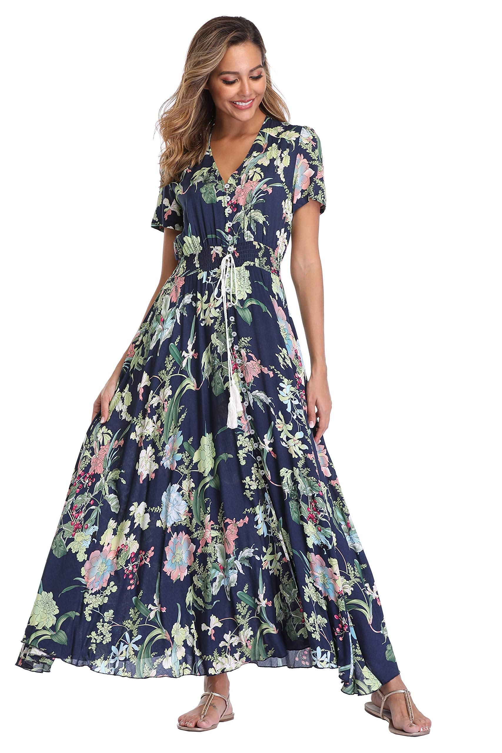 Ferrendo Women's Floral Maxi Dress with Button Up Front & Side Slit - Flowy Bohemian Summer Dress for Beach, Party, Vacation & Date Night