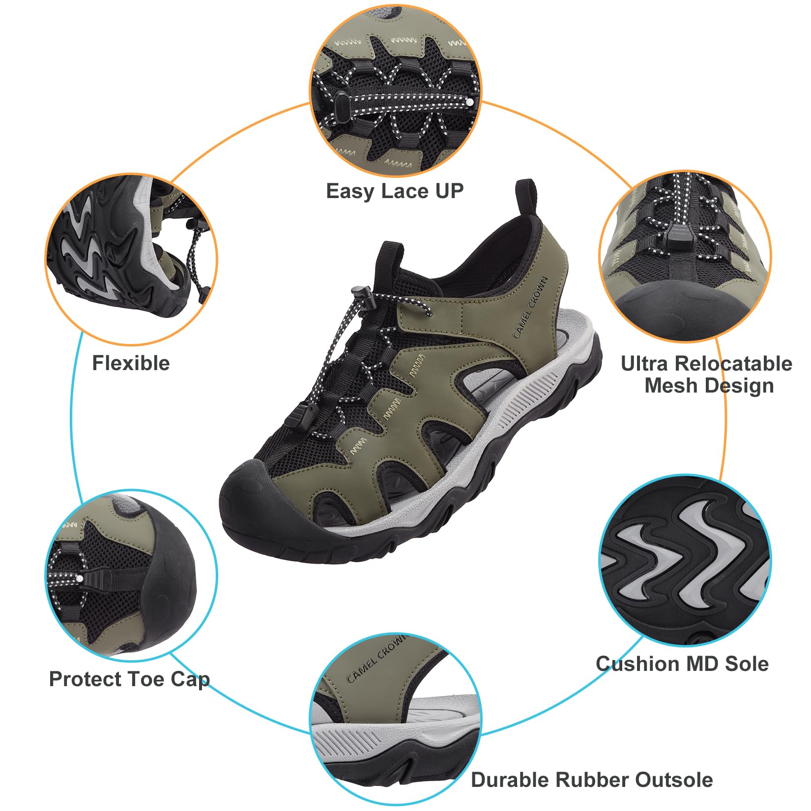 CAMEL CROWN Men's Hiking Sandals - Anti-Slip Water Shoes with Arch Support for Beach & Camping