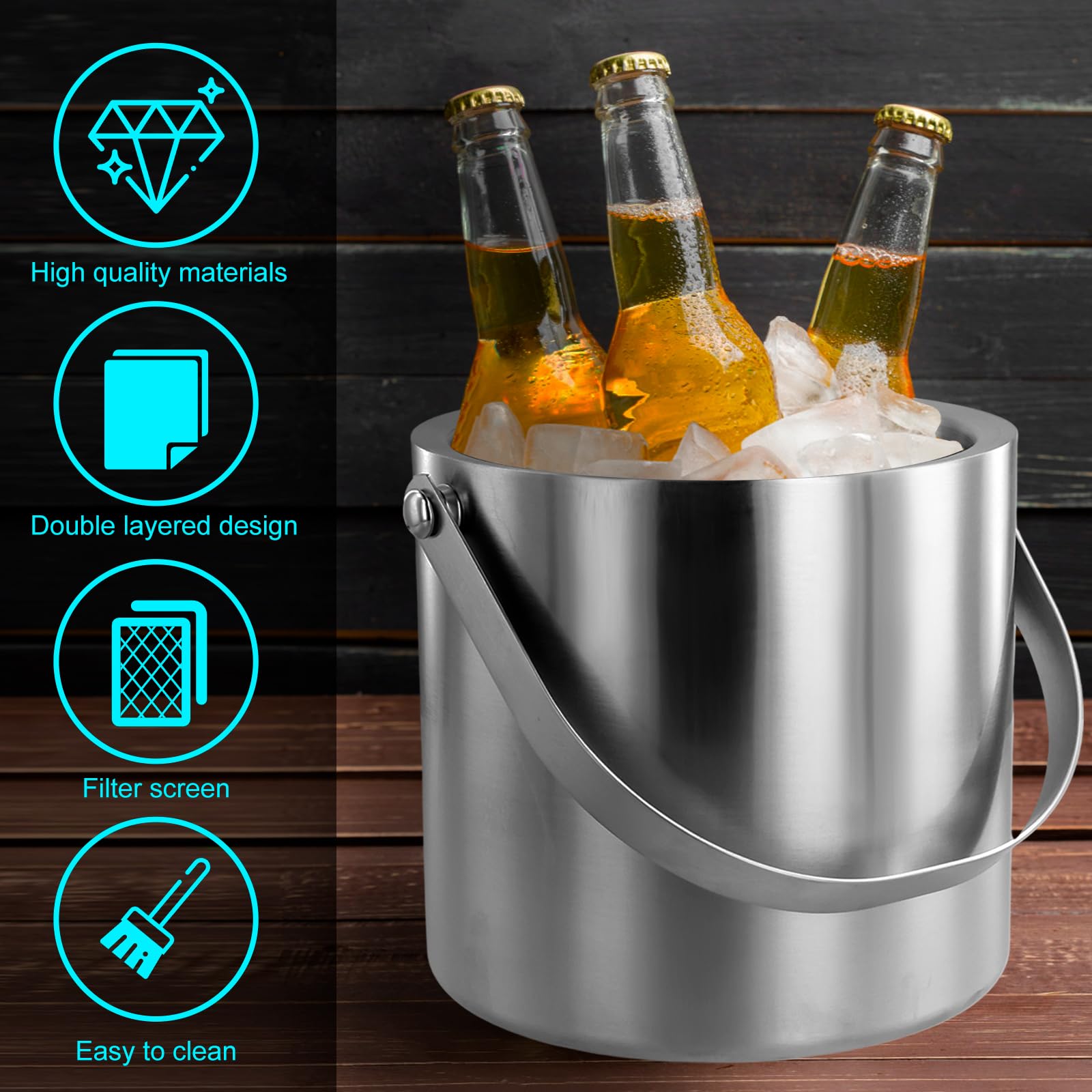 Premium Stainless Steel Ice Bucket with Lid - 3L Double-Walled Insulated Container with Strainer & Tong - Leakproof Silicone Cover for Cocktails, Wine, and Party Drinks - Perfect for Home Bars, Weddings, and Outdoor Gatherings (Silver)