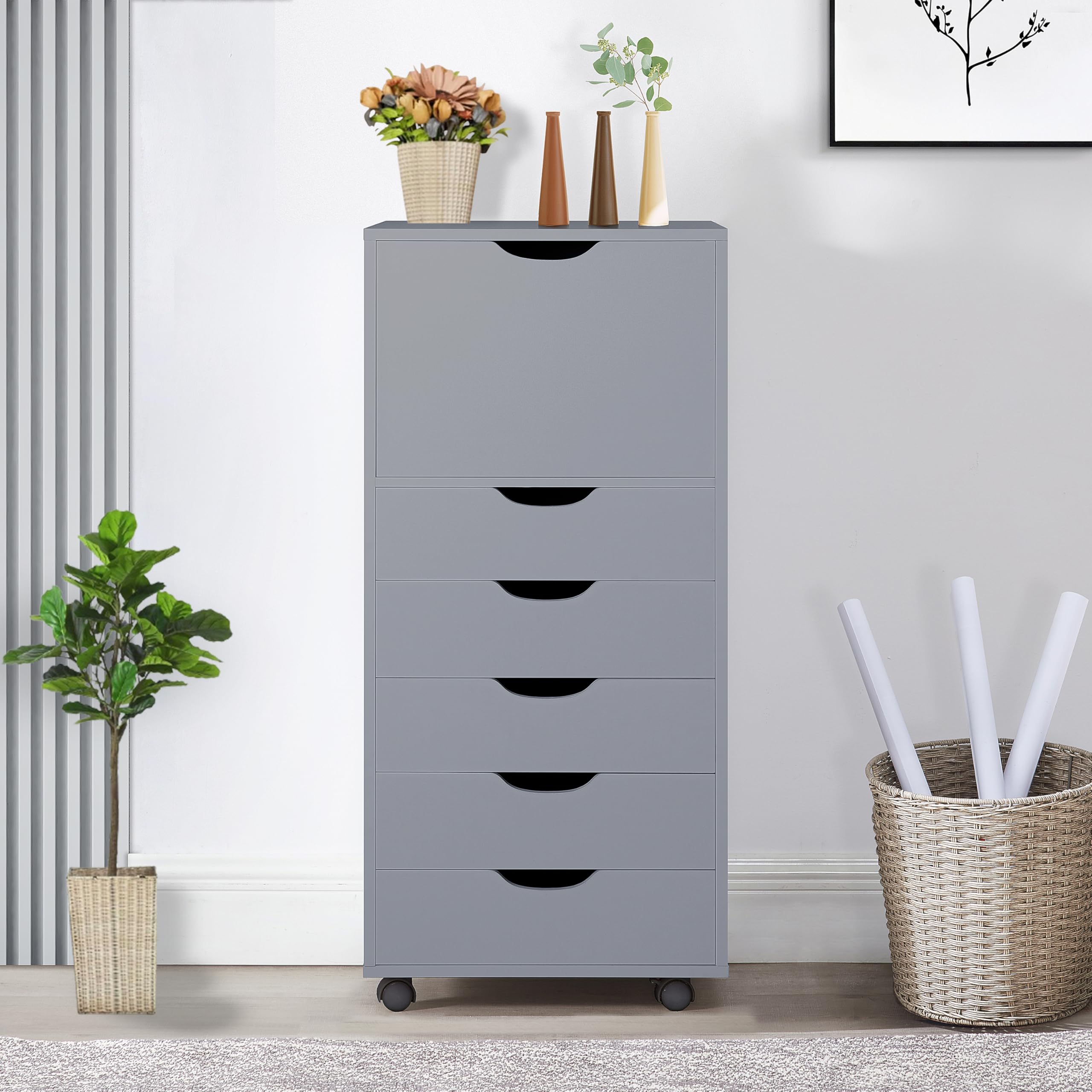 Naomi Home 6-Drawer Rolling Storage Chest - Gray Office Cabinet for Organizing Files, Supplies & Stationery | Perfect for Home Office, Classroom & Workspace Storage