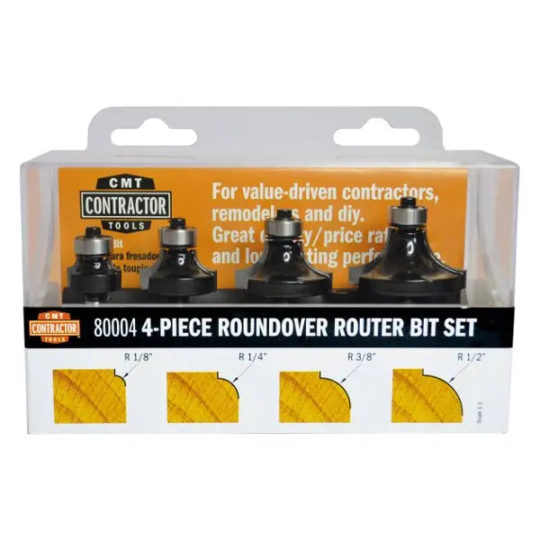 CMT 80004 4-Piece Roundover Router Bit Set - Perfect for Woodworking, Edge Profiling & DIY Projects