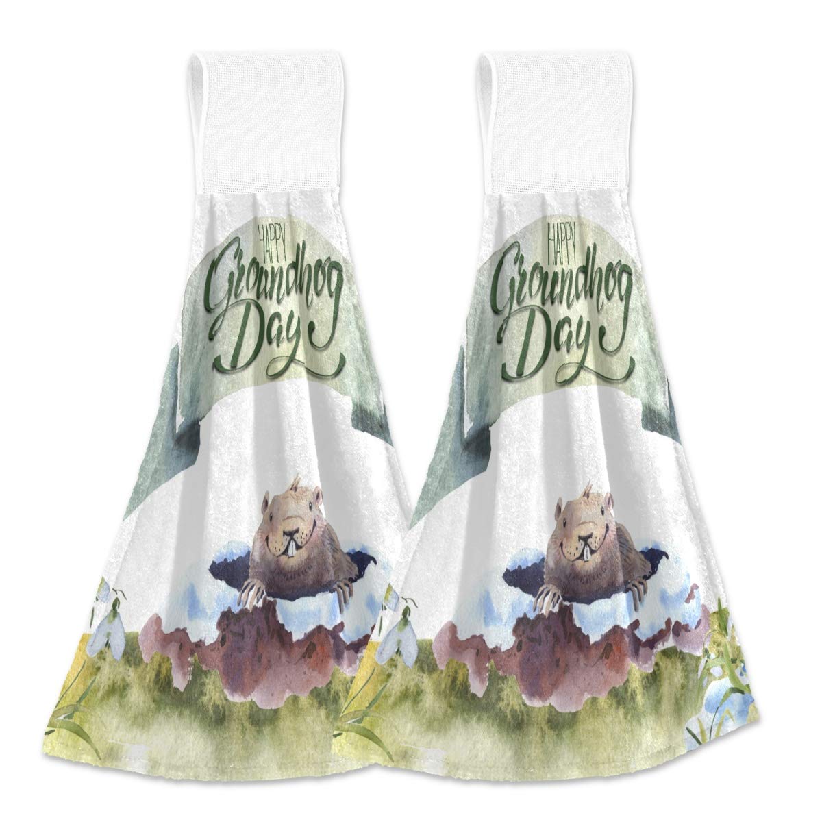 Happy Groundhog Day Super Absorbent Kitchen Hand Towels with Hanging Loop - 12
