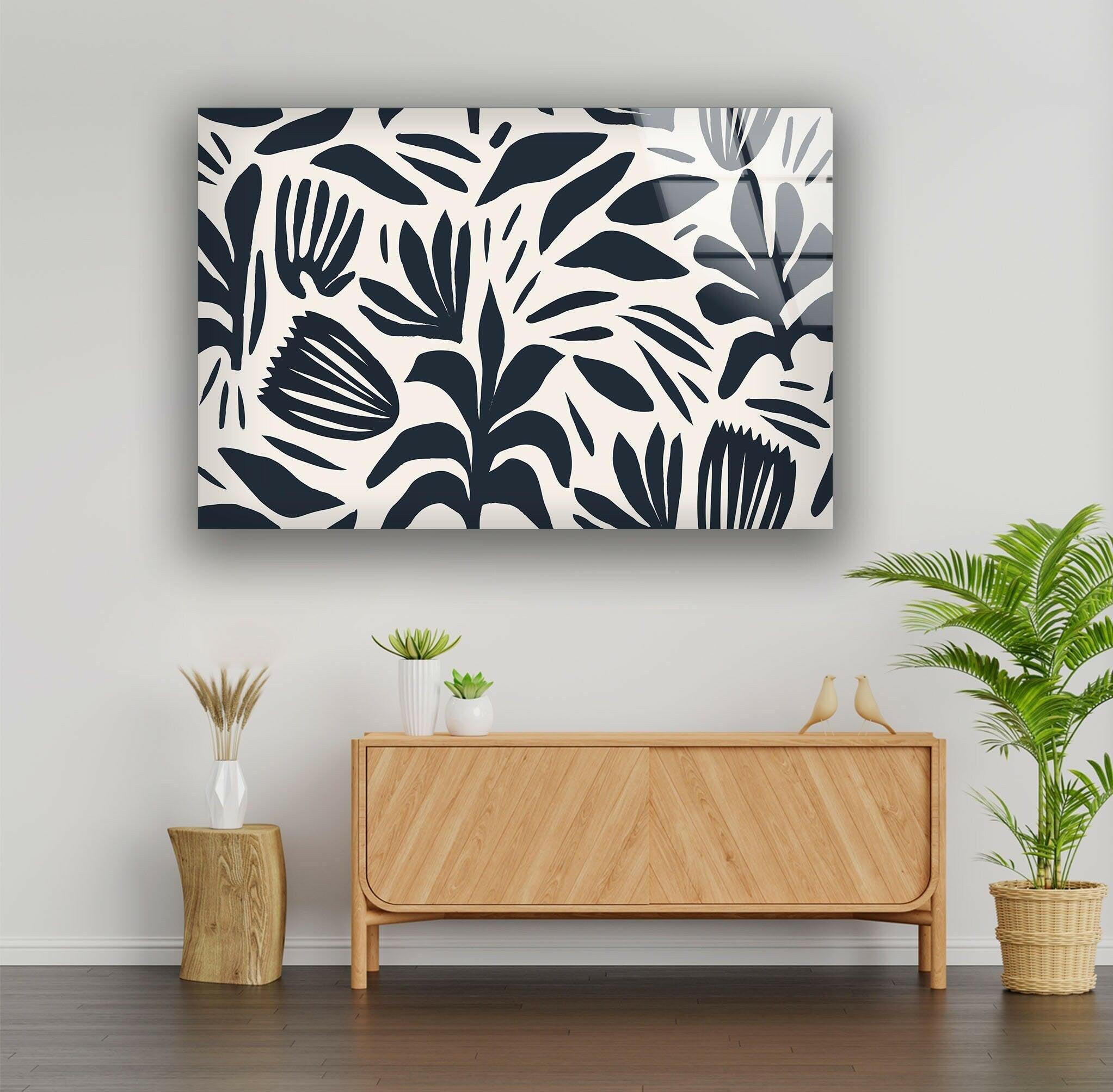 Abstract Shape Leaf and Flower Glass Wall Art - Modern Botanical Decor for Living Room, Bedroom, or Office - Elegant Handmade Glass Artwork for Home & Interior Design