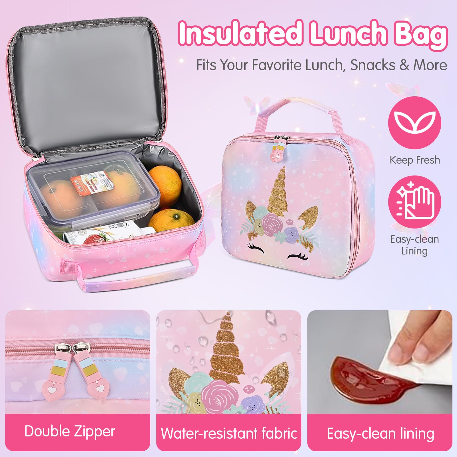 Cokouchyi 3 Pcs Kids Backpack Set with Lunch Box & Pencil Case - Lightweight Unicorn School Backpack for Girls Age 4-8, Preschool & Elementary Bookbag - Perfect for School, Travel & Daily Use