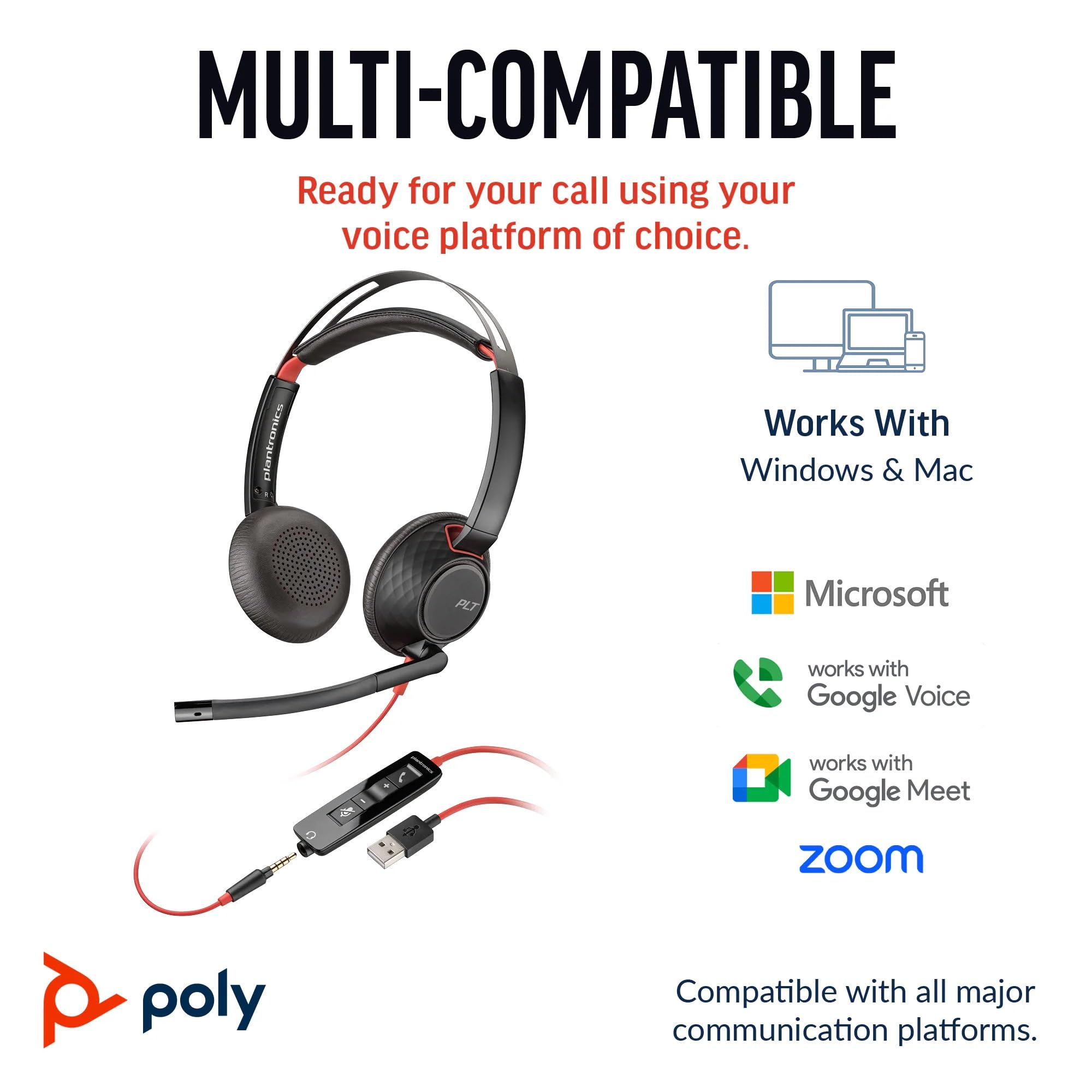 Plantronics Poly Blackwire 5220 USB-C Stereo Headset with 3.5mm Plug & USB-C/A Adapter - Noise Cancelling Office Headphones for Remote Work, Call Centers & Video Conferencing