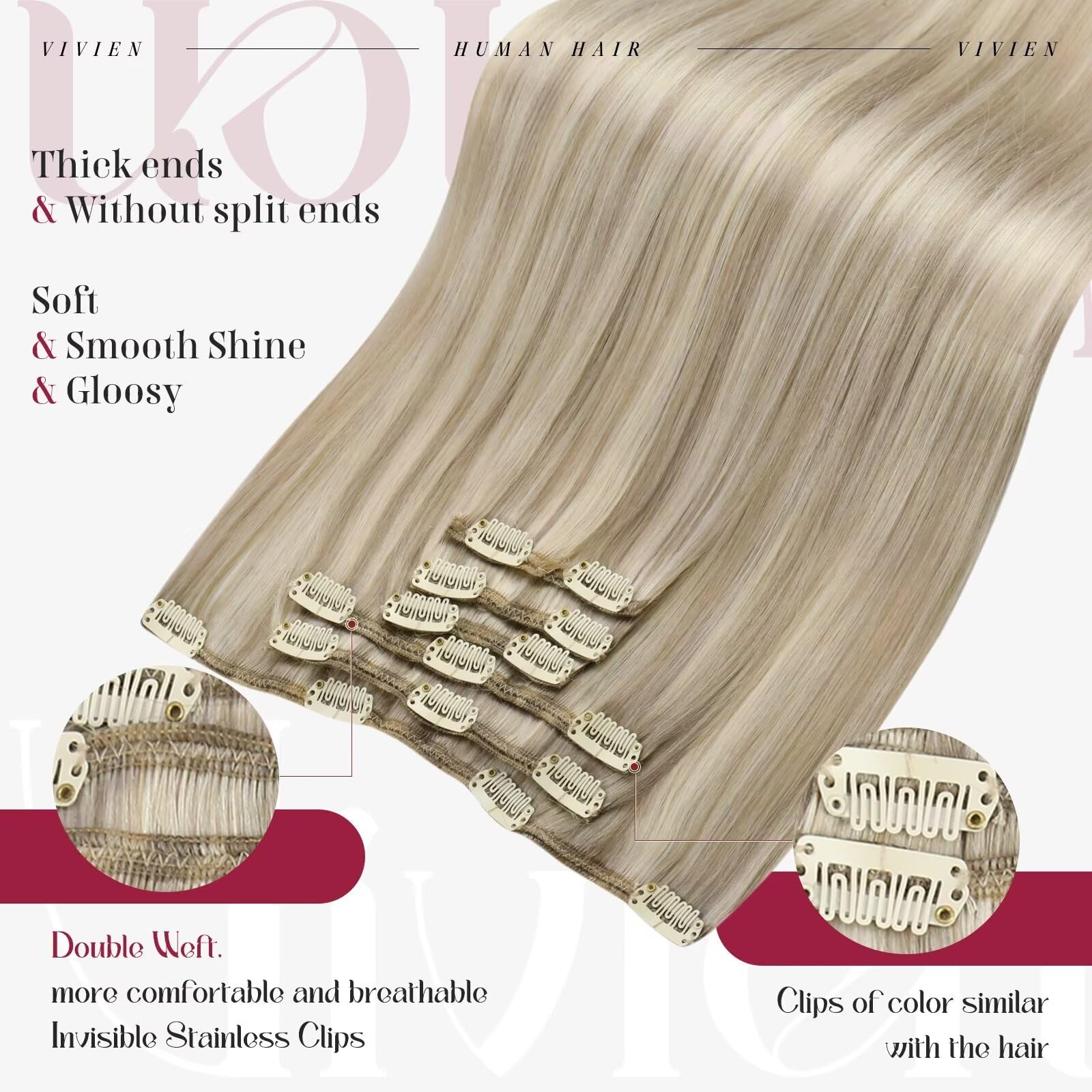 Vivien 18 Inch Clip-in Human Hair Extensions - 7pcs 120g Remy Hair in Blonde & Ash Blonde | Natural Look for Daily Wear, Parties & Special Events