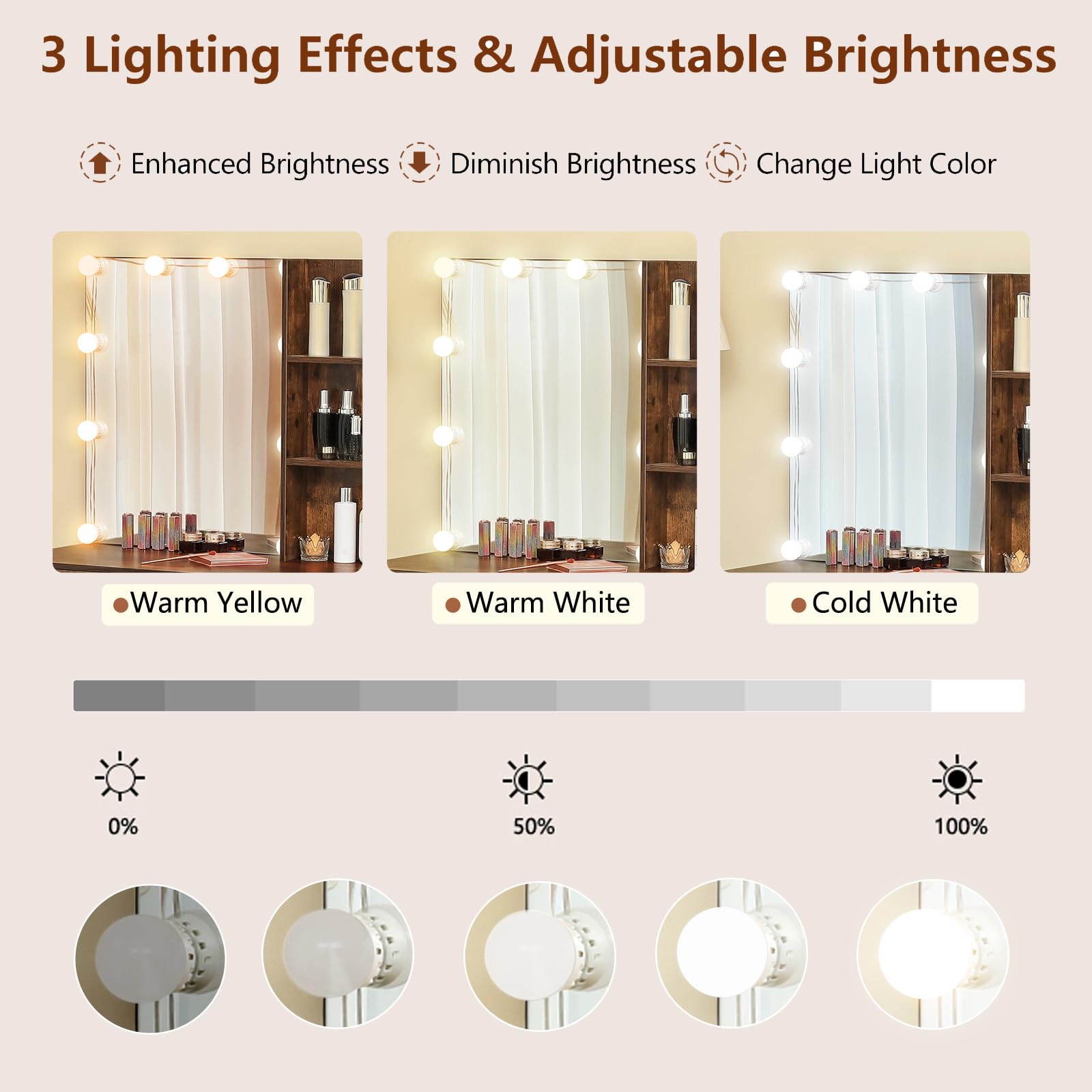 USIKEY 43.5 Inch Large Makeup Vanity Desk with LED Lights & Mirror - 5 Drawers Vanity Table Set with Storage Shelves & Stool for Women & Girls (Rustic Brown) - Perfect for Bedroom, Dressing Room & Beauty Salon