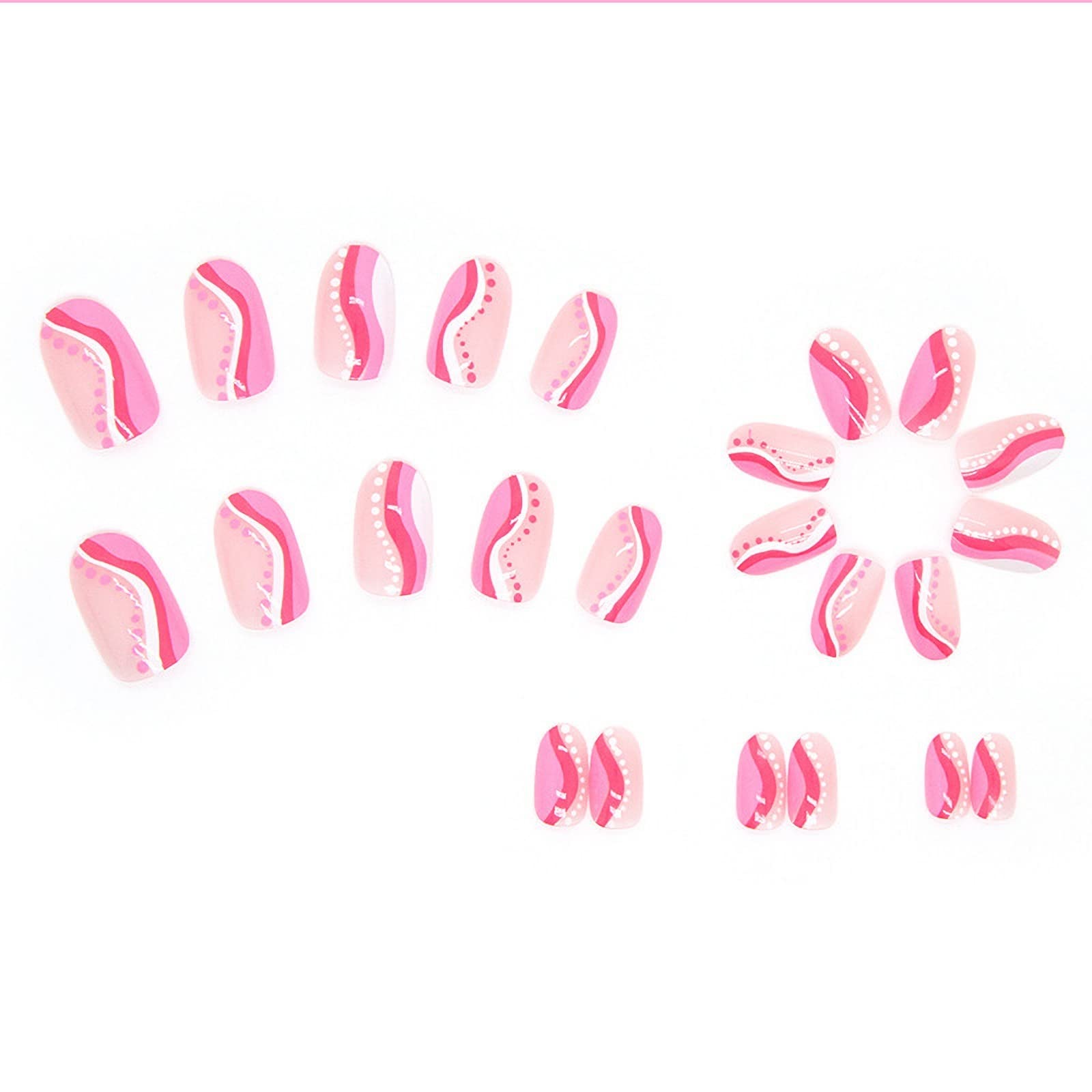 MISUD 24pcs Round Press-on Nails - Pink Wave Point Oval Acrylic Glossy Fake Nails with White Swirl Designs | Easy Glue-on Artificial Nails for Women | Perfect for Parties, Weddings & Daily Wear