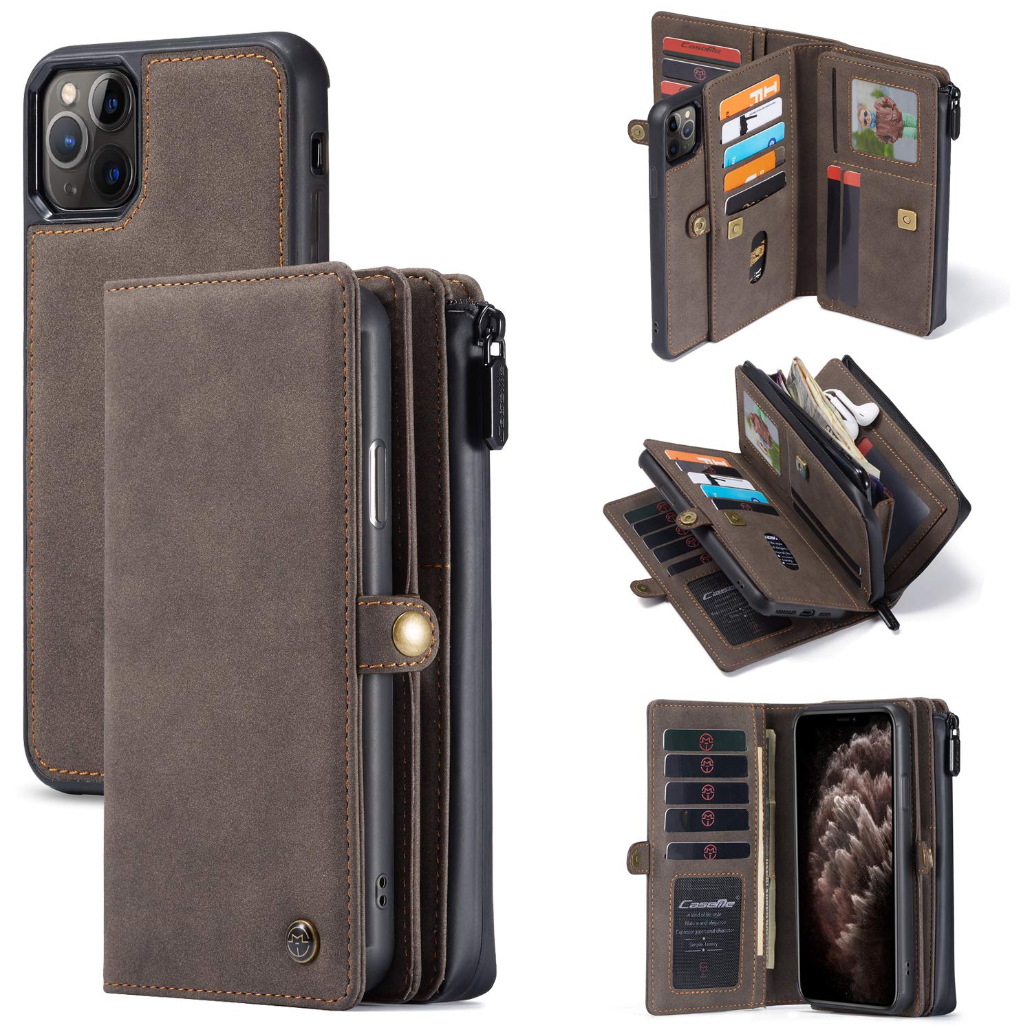 Premium Leather Wallet Case for iPhone 11 Pro Max - Detachable Magnetic Flip Cover with Zipper, 18 Card Slots & Cash Clip | RFID Protection | Wrist Strap Included | Perfect for Everyday Use, Travel & Business (Coffee)