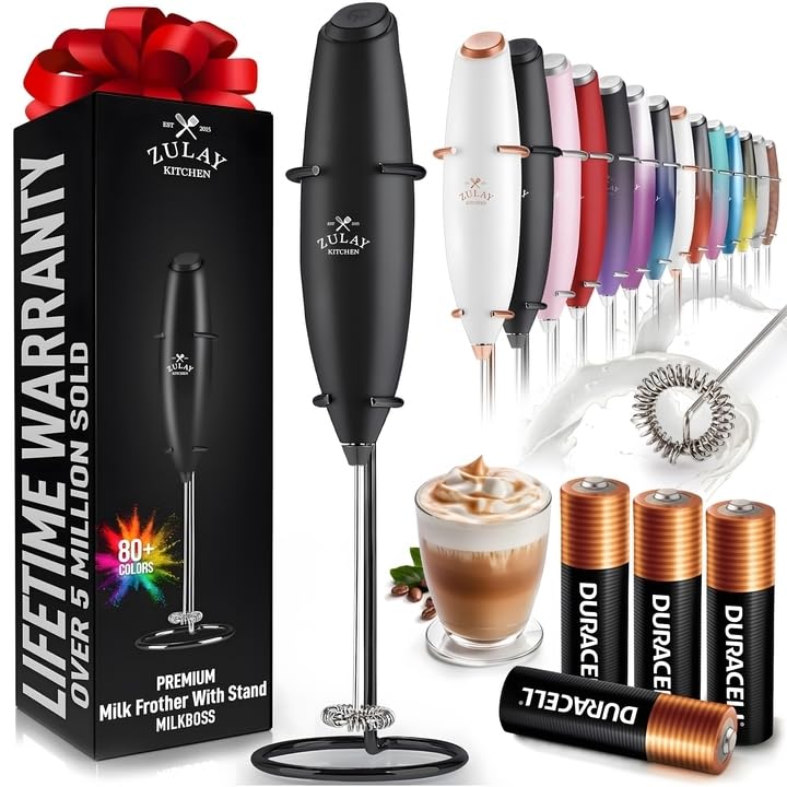 Zulay Powerful Milk Frother Handheld Electric Whisk - 4 Duracell Batteries Included - Coffee Frother for Cappuccino, Latte, Matcha, Hot Chocolate & Creamer - Mini Drink Mixer for Home, Office & Travel - Black with Stand