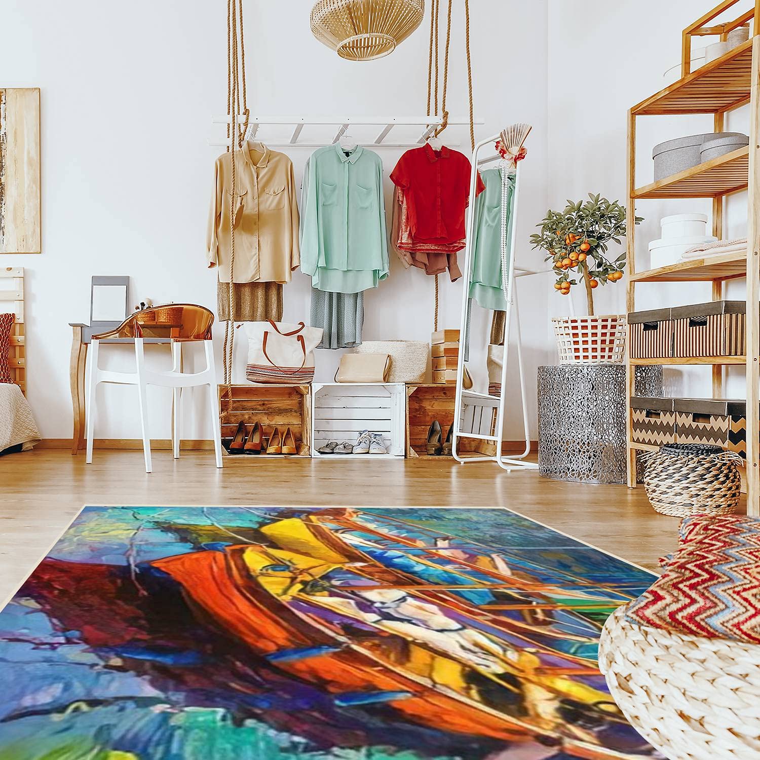 Modern Abstract Area Rugs - Stain Resistant Carpet Mat Pad for Living Room, Kitchen, Bedroom & Bathroom - Original Oil Painting Inspired Canvas Design with Boats & Sunset - Rectangular Home Decor for Cozy Spaces & High Traffic Areas