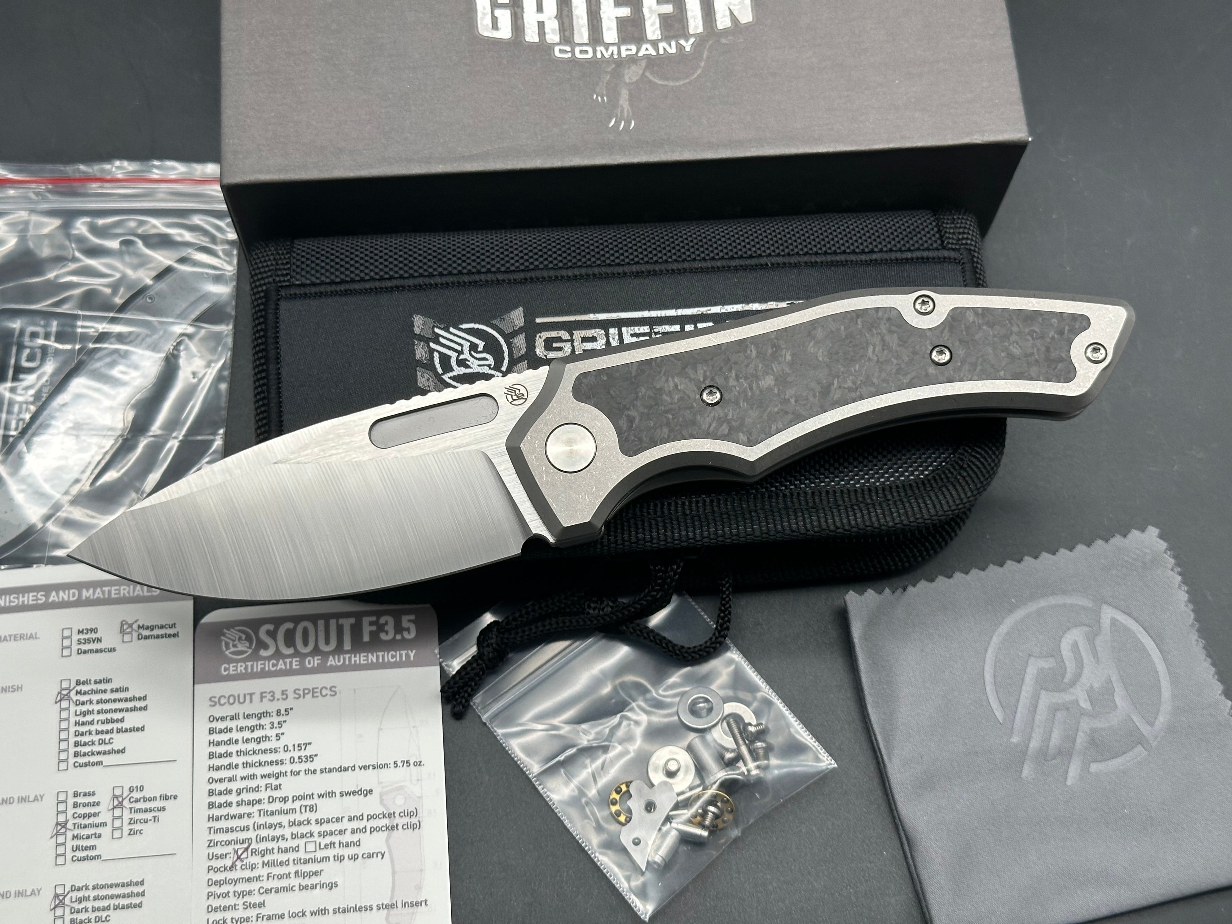 Premium Griffin Scout F3.5 Folding Knife - CPM Magnacut Blade with Satin Finish & Stonewashed Titanium Handles - EDC, Outdoor Survival, Camping, Hunting Gear