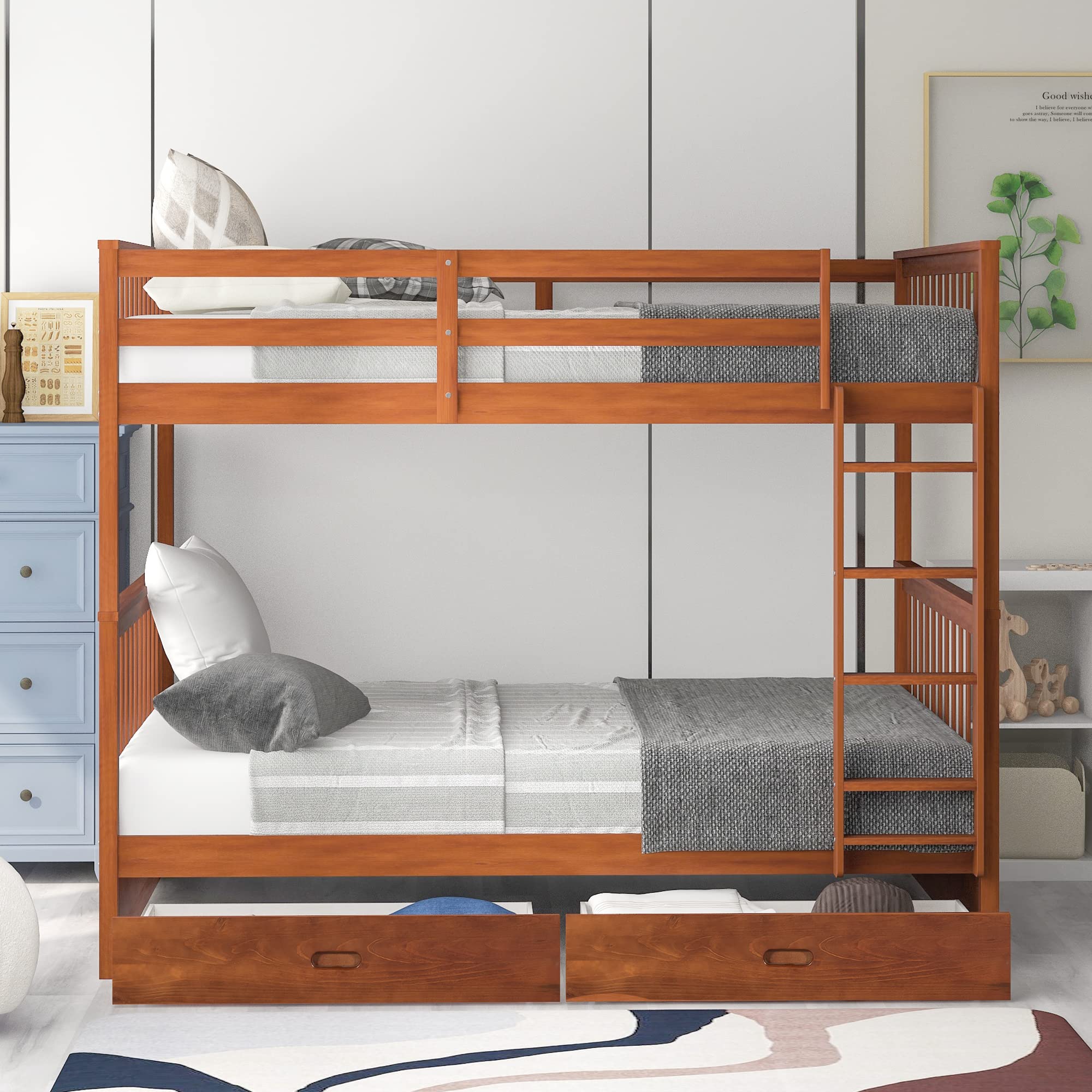 Harper & Bright Designs Full Bunk Beds with Storage Drawers - Solid Wood Full Over Full Bunk Bed Frame with Ladders & Safety Rail for Kids, Teens, Adults (Walnut) - Perfect for Small Bedrooms, Guest Rooms & Kids' Shared Spaces