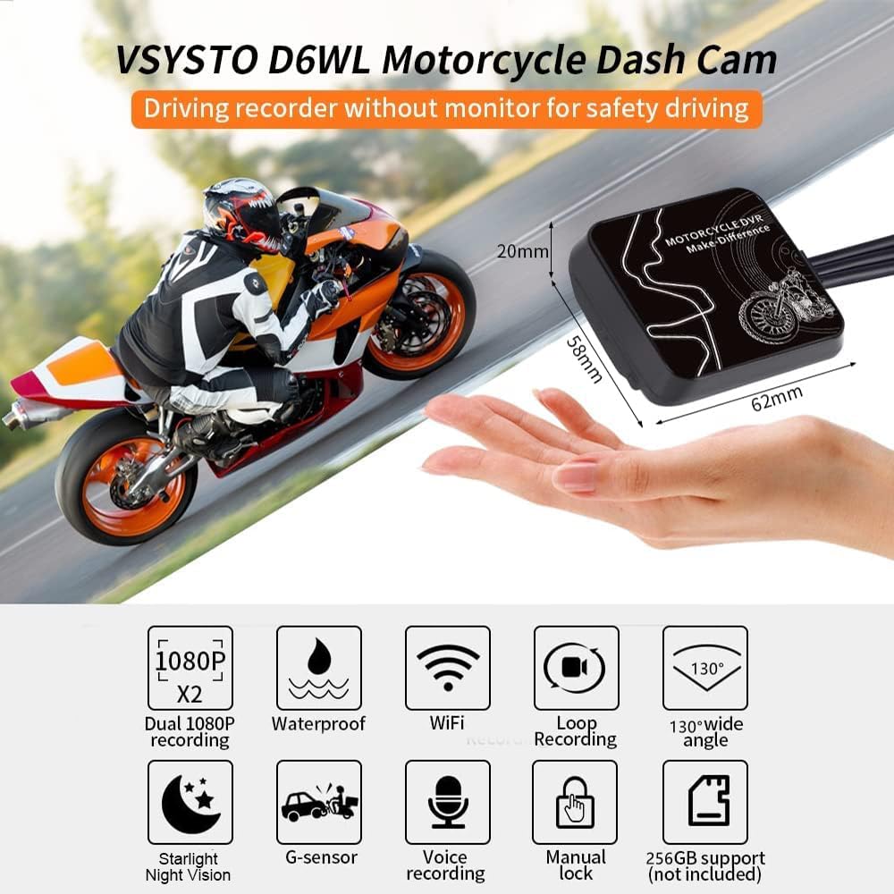 VSYSTO Motorcycle Dash Camera - 1080P HD Front and Rear Camera with WiFi, Waterproof, 130° Wide Angle, Starlight Night Vision, G-Sensor, Loop Recording (Supports 256GB) - Perfect for Adventure Riding, Commuting, and Road Safety Monitoring