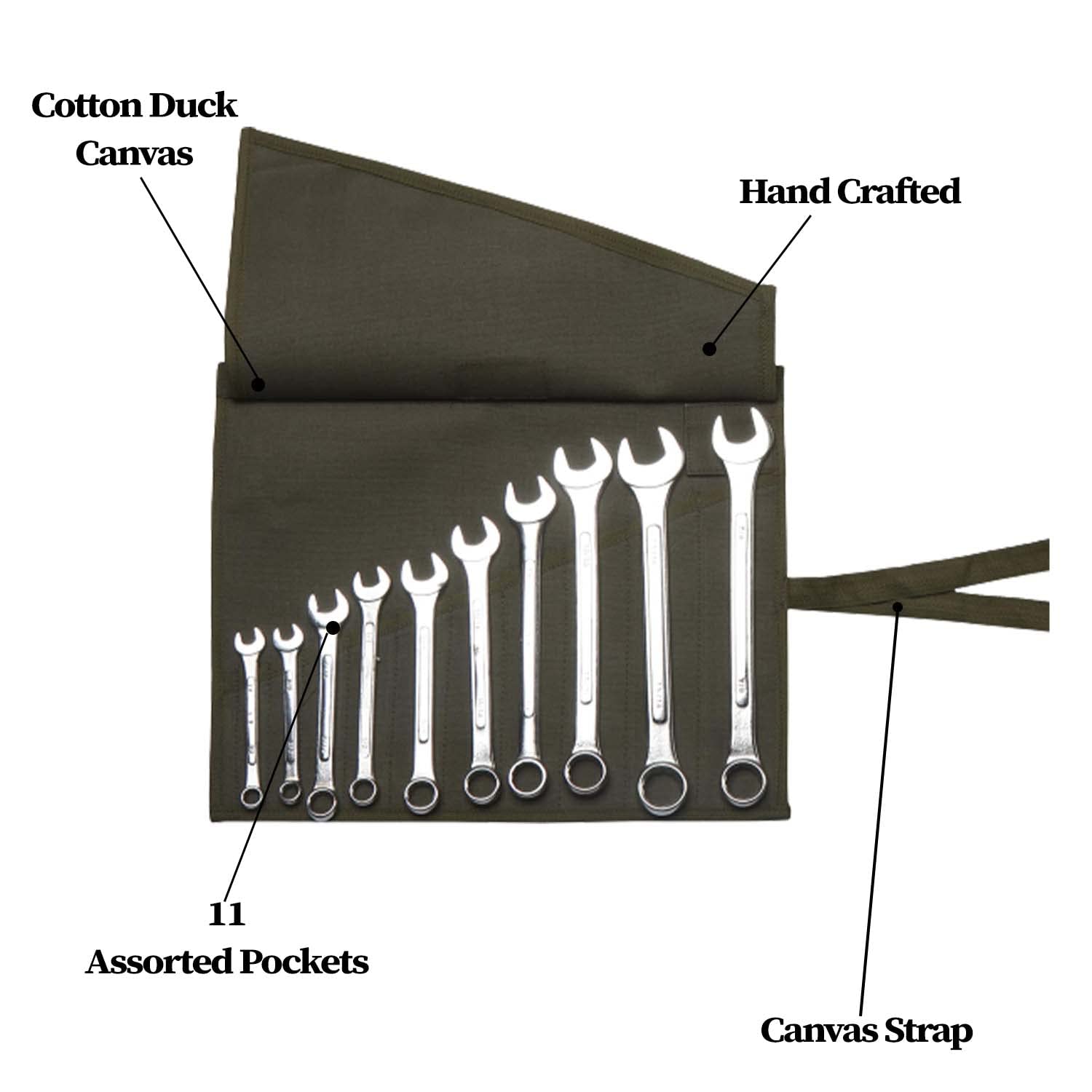 Heavy Duty 100% Cotton Duck Canvas Wrench Organizer & Tool Roll Up Pouch Bag with 11 Pockets - Olive Drab (Tools Not Included) - Perfect for Mechanics, DIY Projects & Workshop Tool Storage