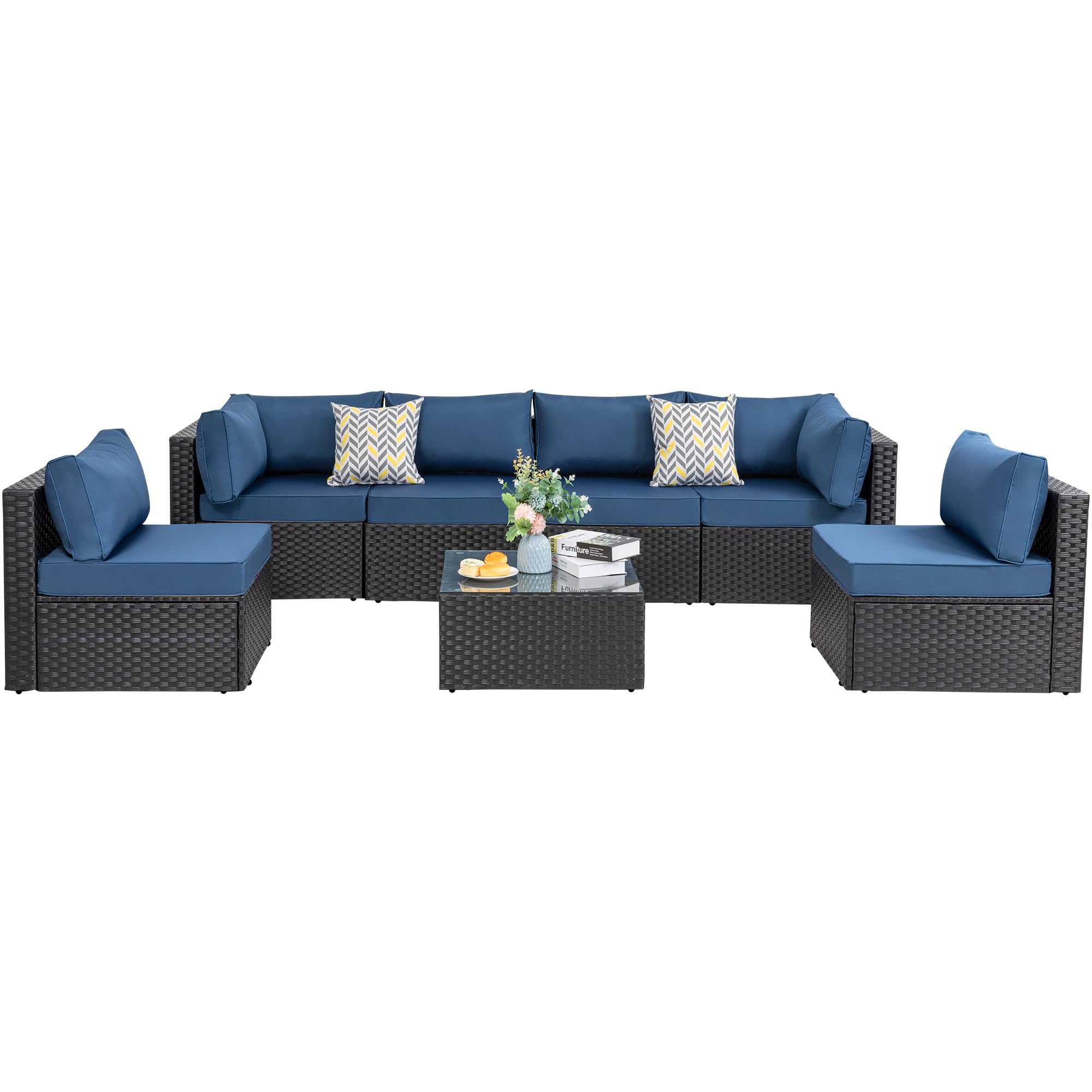 7-Piece Patio Outdoor Furniture Set - Low Back All-Weather Wicker Sectional Sofa with Coffee Table & Washable Cushions (Aegean Blue) - Perfect for Backyard, Garden, Poolside & Deck Relaxation