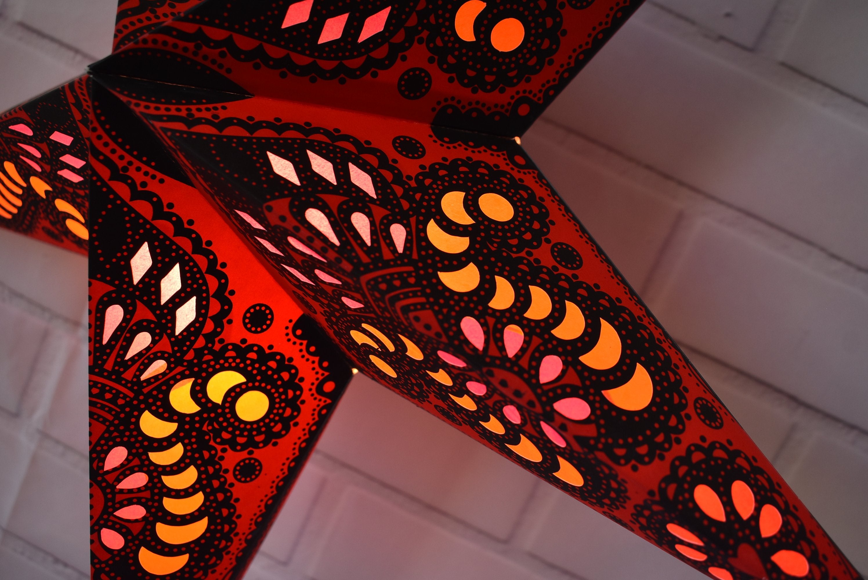 3-Pack 24-Inch Red Peacock Illuminated Paper Star Lanterns with LED Bulbs & Cord - Decorative Hanging Lights for Christmas, Party, Wedding & Home Decor