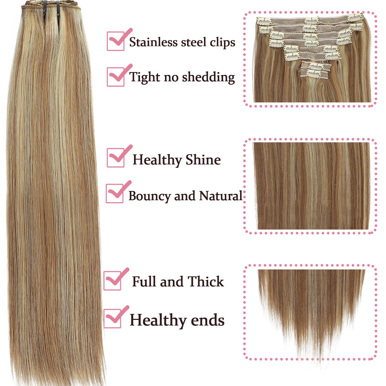 Clip-In Human Hair Extensions 120g 8pcs - 22 Inch Straight Remy Hair in Chestnut Brown & Bleach Blonde (#6/613) | Natural Real Hair for Volume & Length | Perfect for Parties, Weddings & Daily Styling