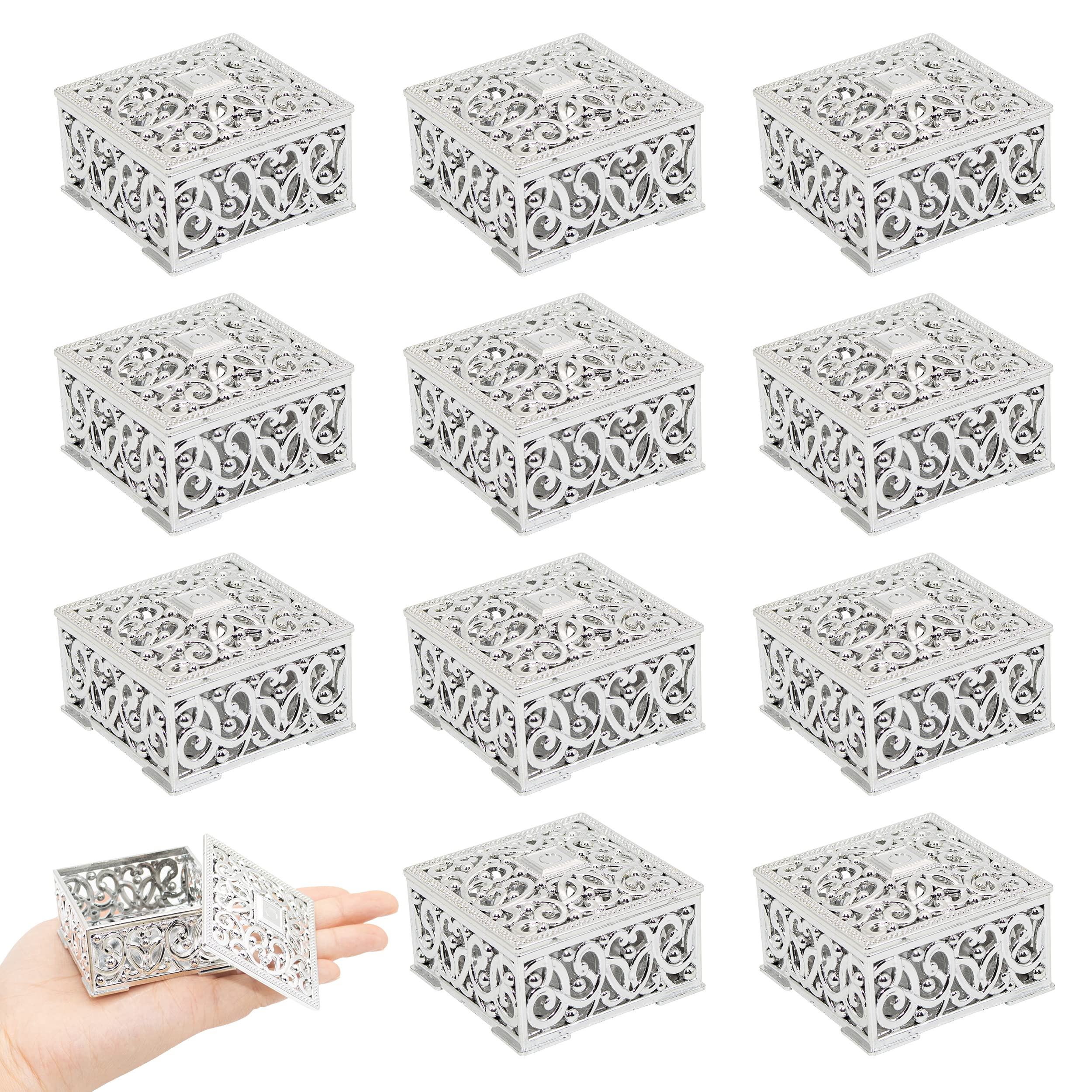 12 Pack Silver Plastic Candy Boxes - Wedding Favor Containers, Candy Jars & Gift Boxes for Baby Shower, Christmas, Birthday Party Decorations - Perfect for Candy Storage, Party Favors & Home Organization