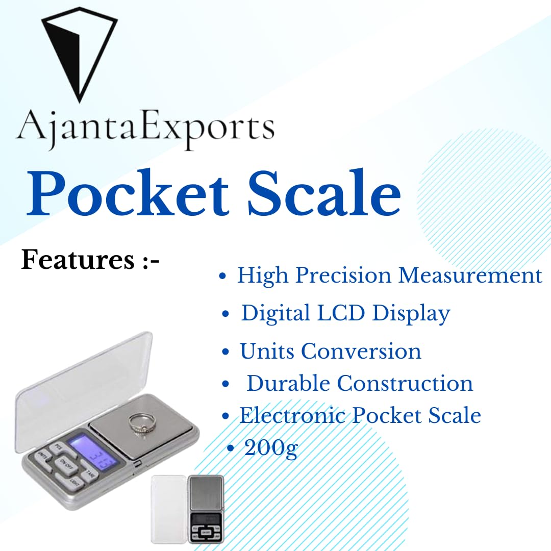AjantaExports Digital Pocket Scale 200g x 0.01g Precision, Silver Mini Jewelry Scale - Perfect for Weighing Gold, Silver, Coins, Herbs & Small Items at Home or Travel