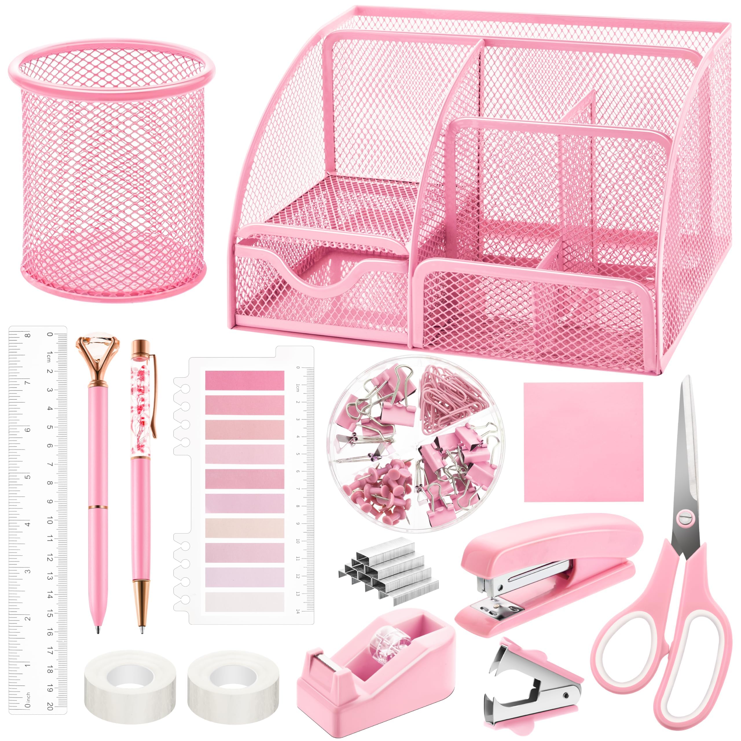 11-Piece Pink Office Supplies Set - Mesh Desk Organizer with Stapler, Tape Dispenser, Staple Remover, Clips, Ruler, Scissors & Sticky Notes - Perfect for Office, School, Home & Women's Workspace Organization (Pink)