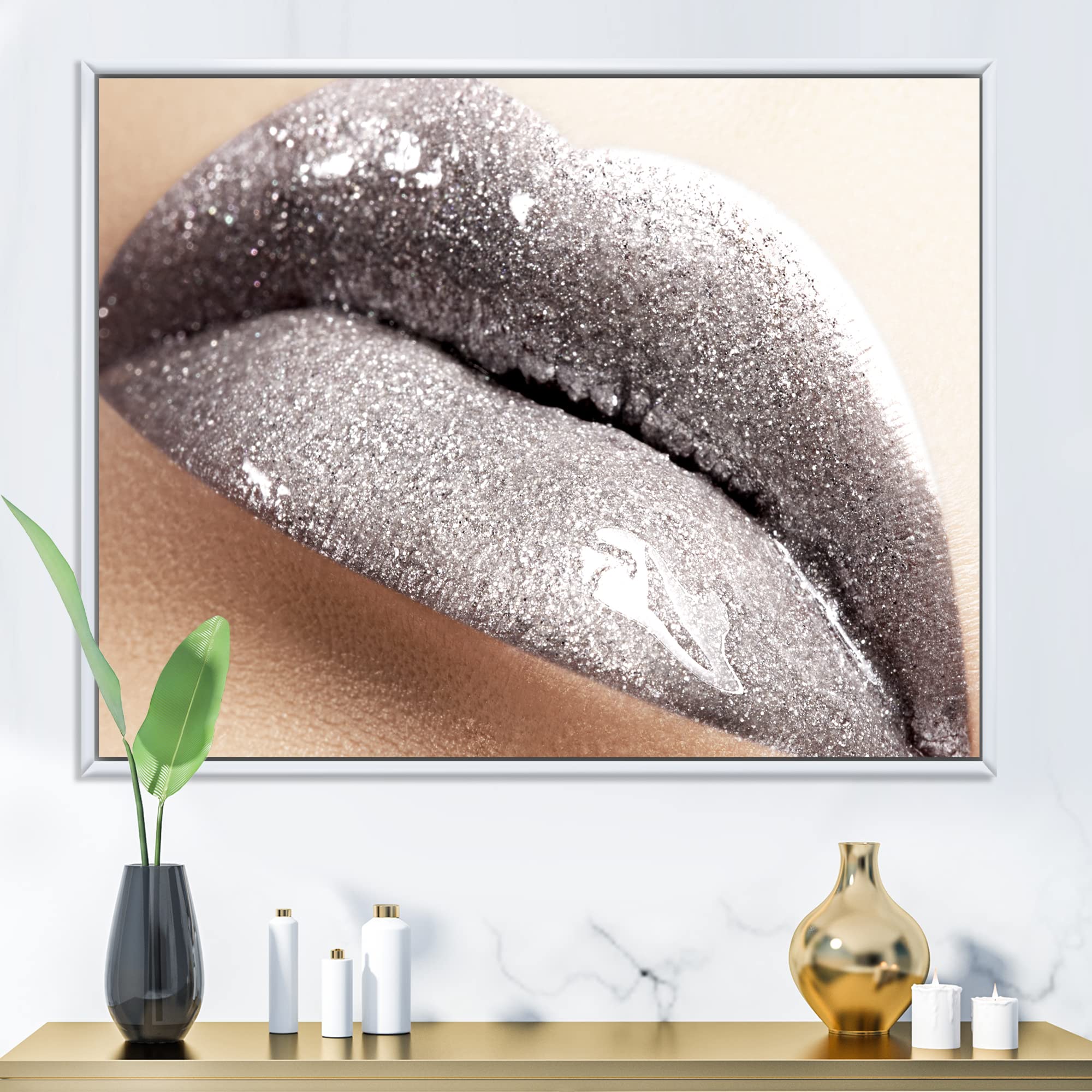 Glittering Silver Lips Modern Framed Canvas Wall Art Print - Elegant Home Decor for Living Room, Bedroom & Office