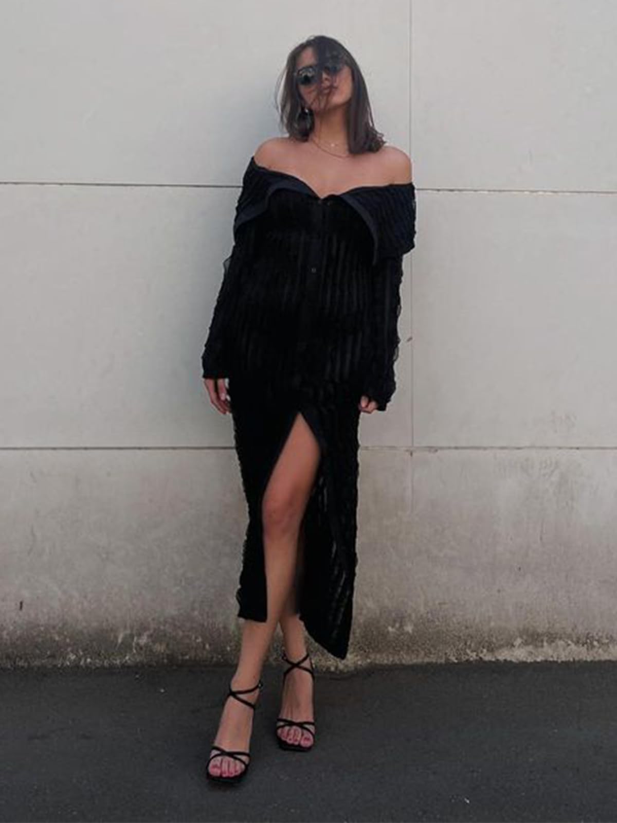 Mojessy Women's Sexy Off Shoulder Ruffle Long Sleeve Button Down See Through Bodycon Maxi Dress for Party, Date Night & Special Occasions
