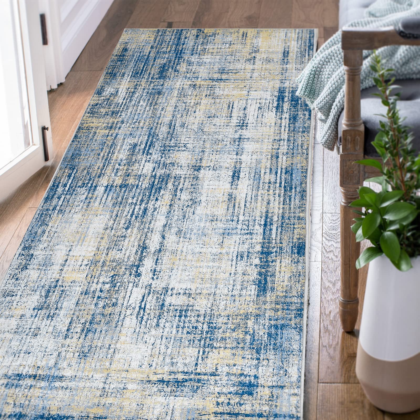 Jinchan Runner Rug 2x7 Feet - Abstract Sketch Distressed Washable Hallway Rug in Navy Blue Multi Print - Overdyed Chenille Thin Contemporary Carpet for Bathroom, Laundry Room, Bedroom & Kitchen - Perfect for High-Traffic Areas, Entryways and Modern Home Decor