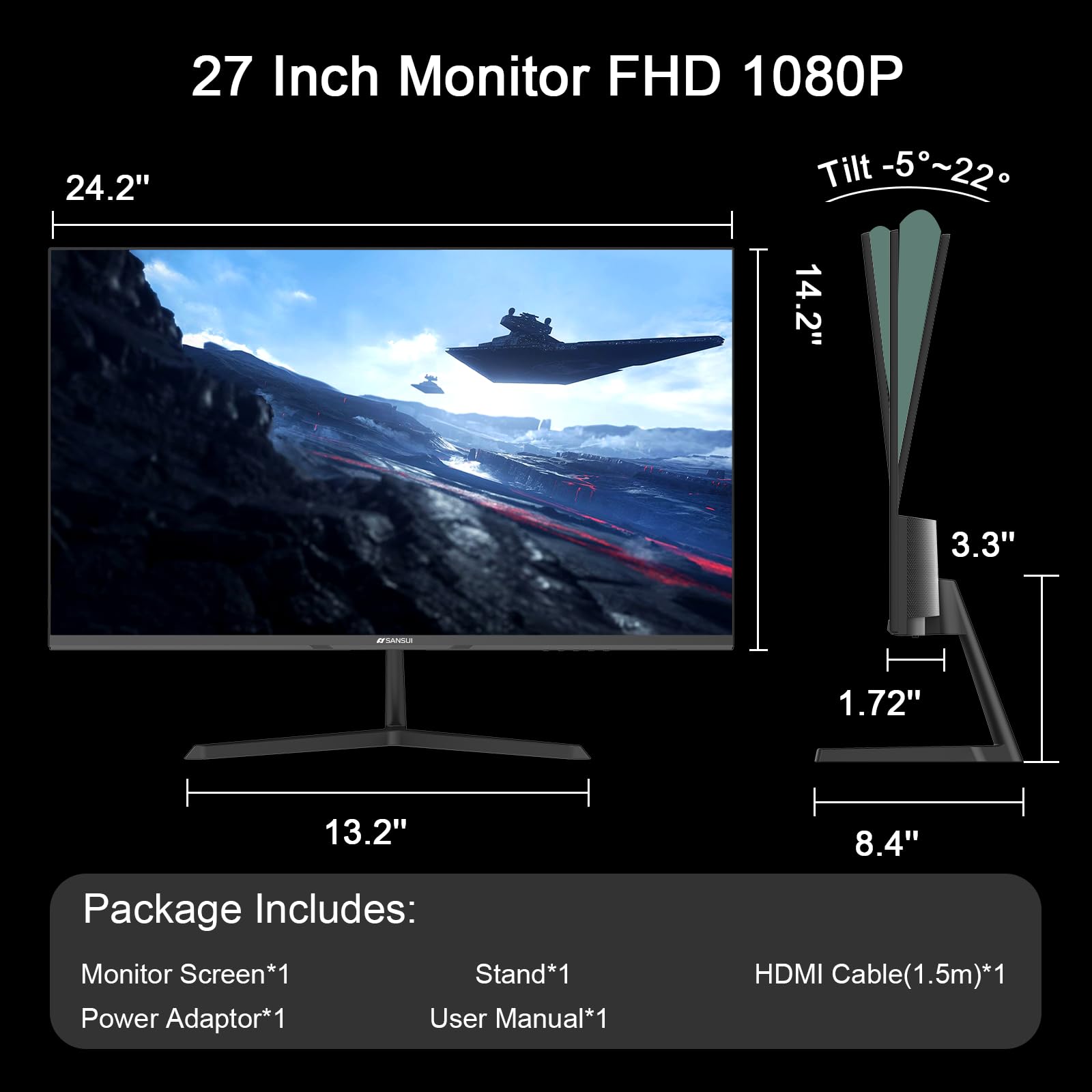 SANSUI 27 Inch Full HD 1080P Computer Monitor - 1920x1080 Resolution, 100Hz Refresh Rate, AMD FreeSync, HDMI & VGA Ports, 100x100mm VESA Mount - Ideal for Home Office, Gaming, and Multimedia Entertainment