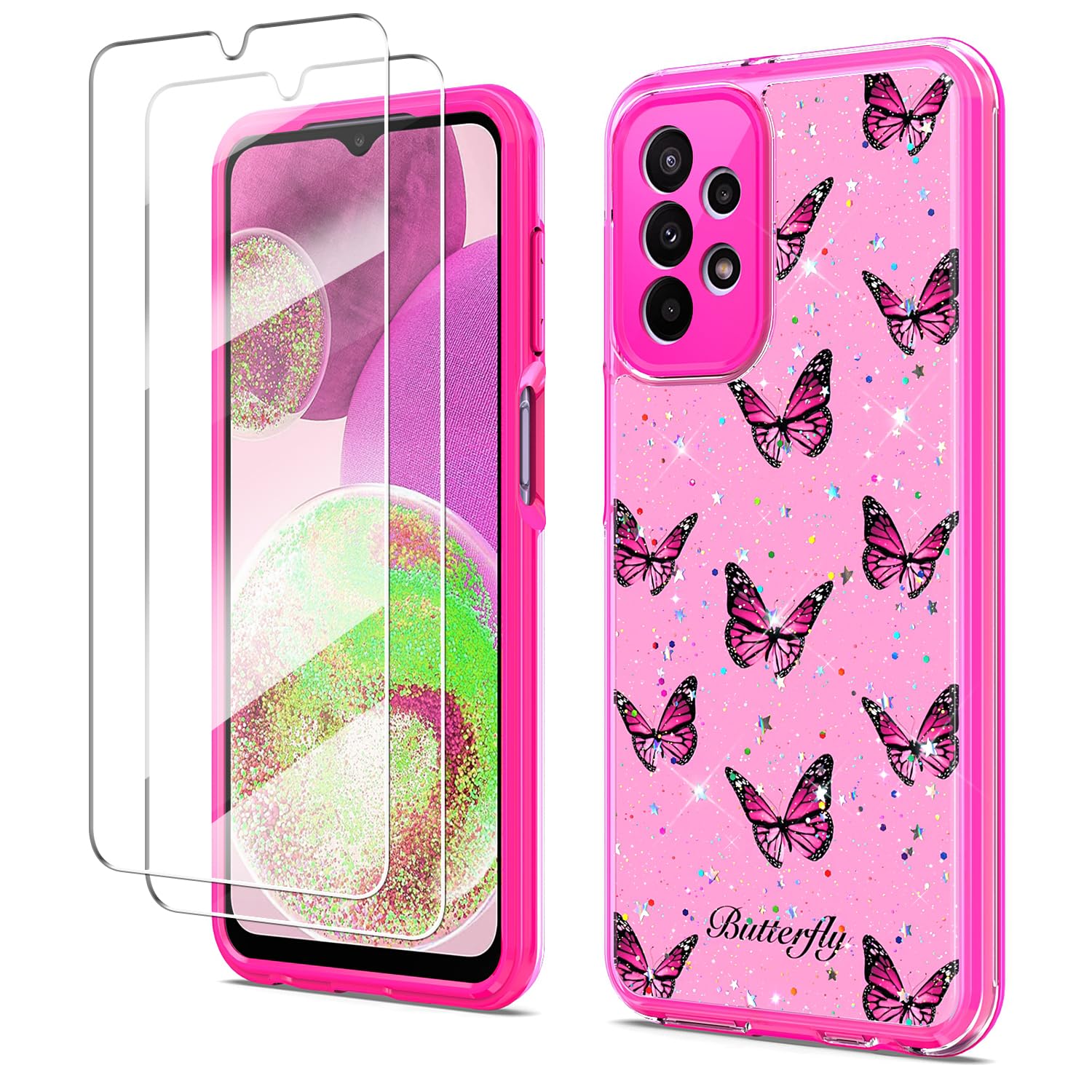 Samsung Galaxy A23 5G Case with Screen Protector [2 Pack] - Cute Glitter Butterfly Design, Slim Soft TPU Shockproof Bumper & Hard Back Cover for Women & Girls (Pink) - Perfect for Everyday Use, School, Work, and Travel Protection