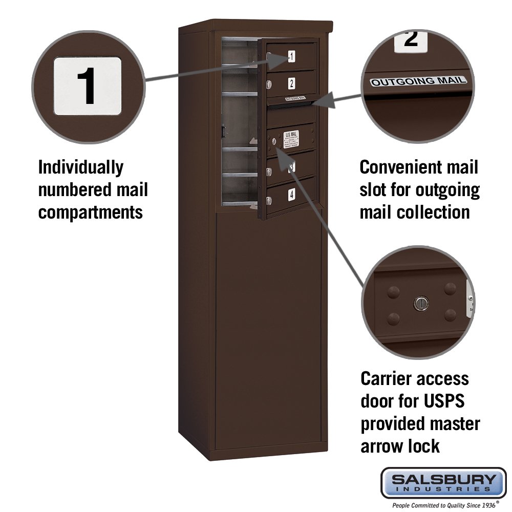 Salsbury Industries 3906S-04ZFU Free Standing Horizontal 4C Mailbox in Bronze - Durable Outdoor Mailbox for Homes, Offices & Apartments