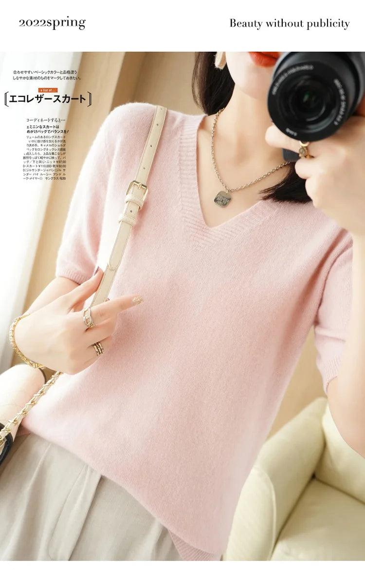 Solid Color V-Neck Half-Sleeve Cashmere Sweater for Women - Soft Thin Knit Casual Top for Office Wear & Fall Layering