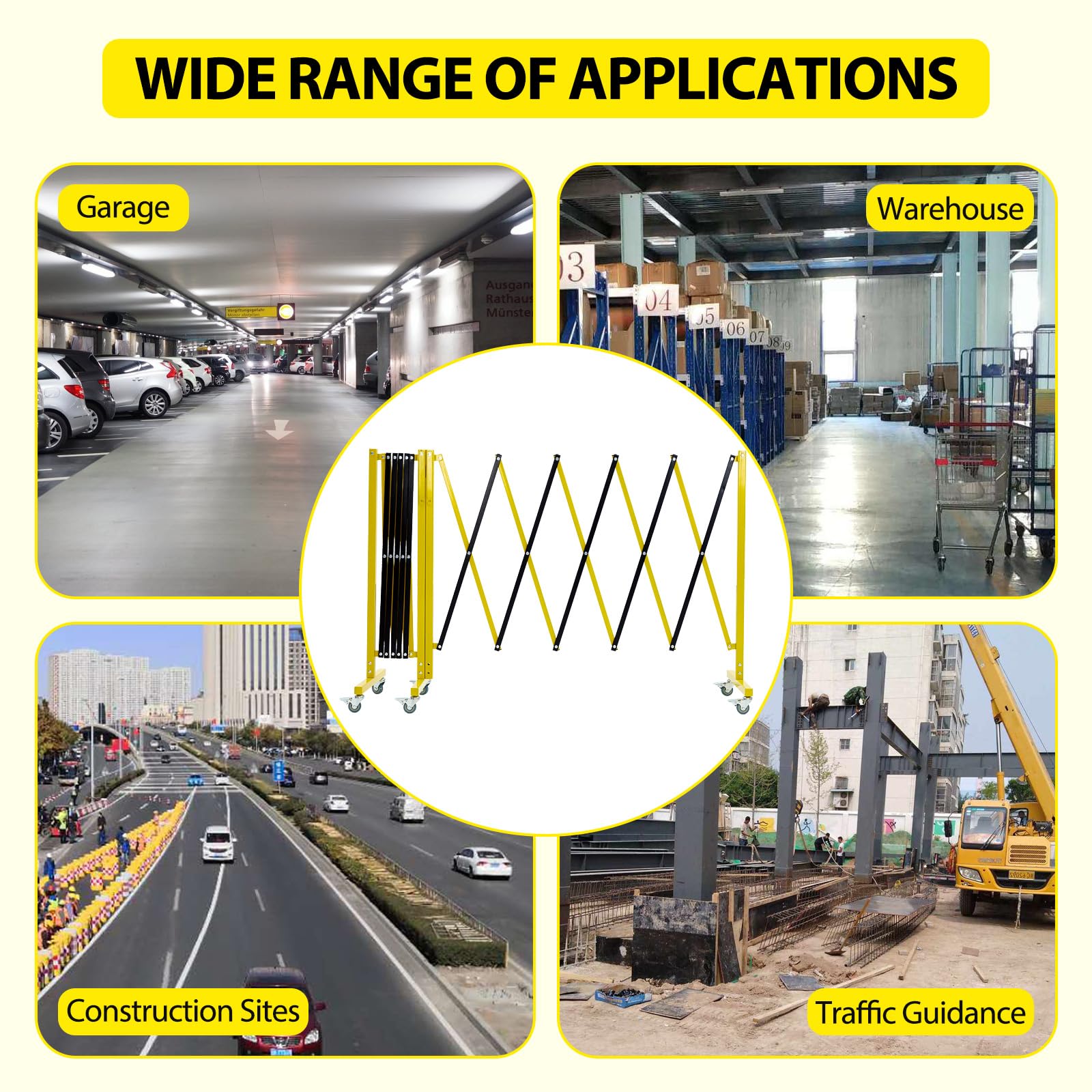 Garvee 19.8 FT Industrial Expandable Metal Barricade - Rotatable & Portable Safety Barrier with Warning Board & Casters | Retractable Traffic Fence Mobile Safety Barrier Gate (Yellow & Black) | Ideal for Construction Sites, Crowd Control & Event Safety