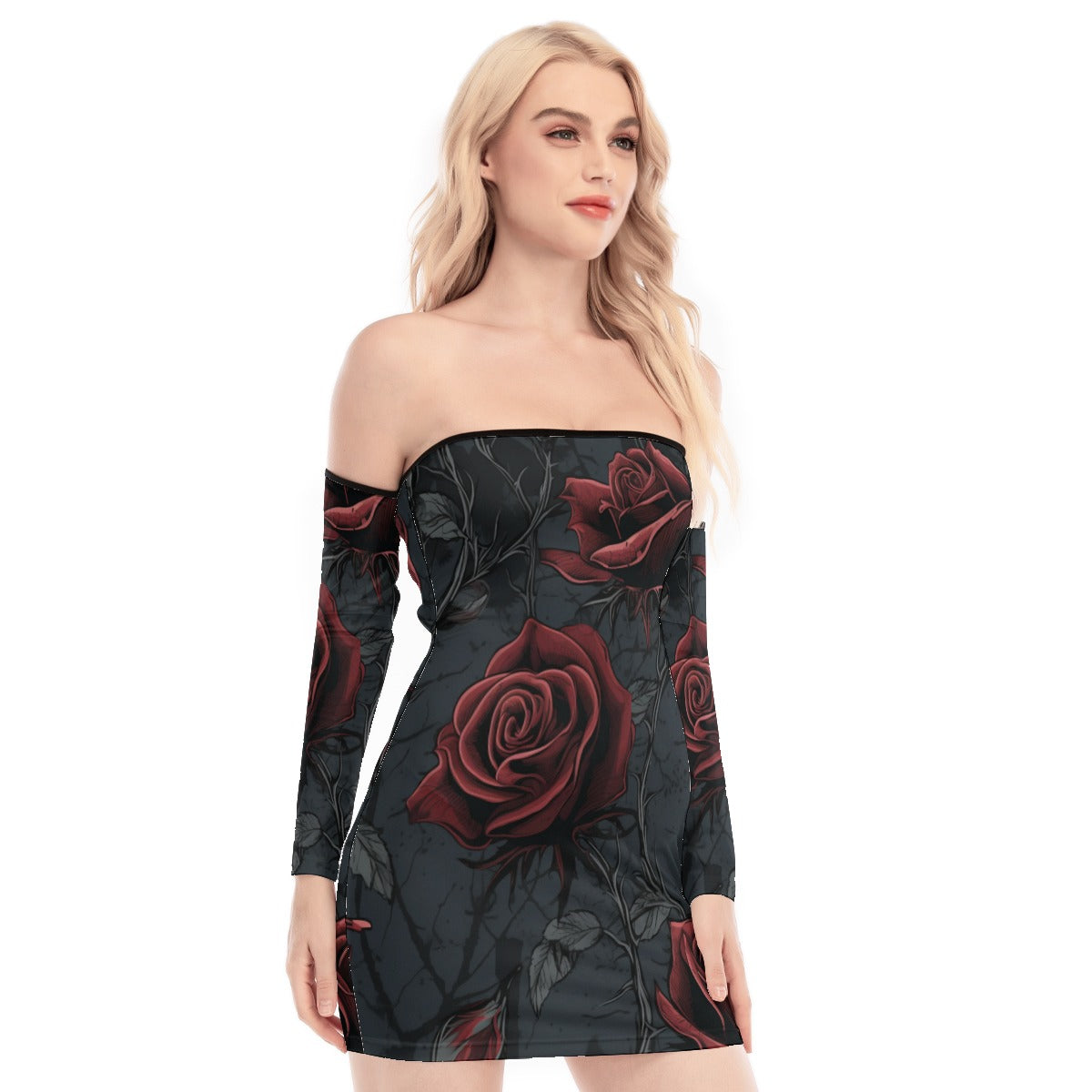 Gothic Rose Off Shoulder Back Lace Up Dress - Elegant Gothic Lace Evening Dress for Women, Perfect for Parties, Date Nights & Special Occasions