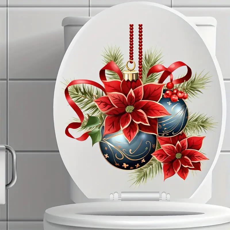 Poinsettia Christmas Toilet Decals - Waterproof Self-Adhesive Bathroom Stickers for Toilet Lid, Tank & Wall - Holiday Home Decor, Festive Bathroom Upgrade (Fish, Bird, Flower Leaf Designs)