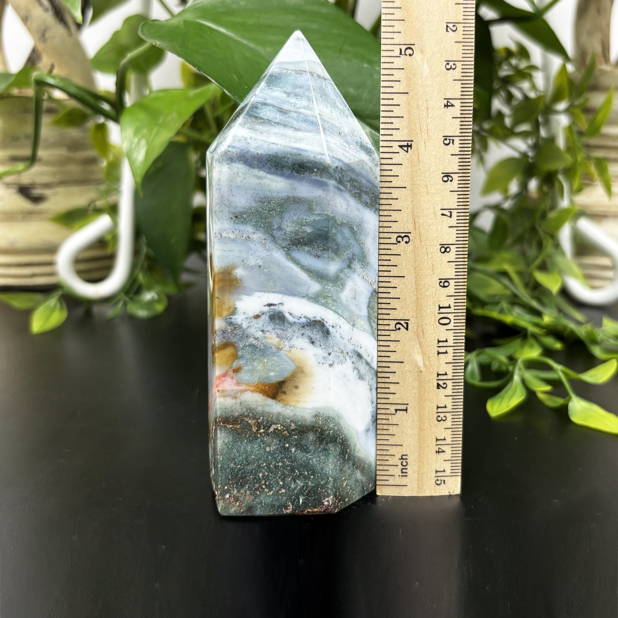 Natural Sea Jasper Crystal Obelisk Tower Point - Polished Healing Stone for Calming Energy, Balance & Meditation - Home & Office Décor - Feng Shui & Spiritual Healing Accessory - Perfect for Meditation Spaces, Yoga Rooms & Gift Giving