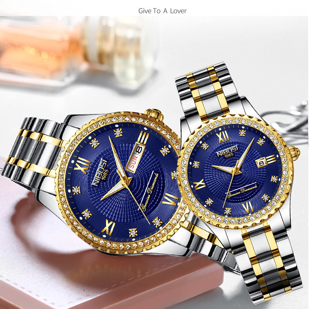 NIBOSI Luxury Diamond Couples Watches - His and Hers Matching Set, Waterproof Quartz Analog Day Date Wristwatch for Husband Wife, Valentine's Wedding Anniversary Gifts, Perfect for Romantic Dates & Special Occasions