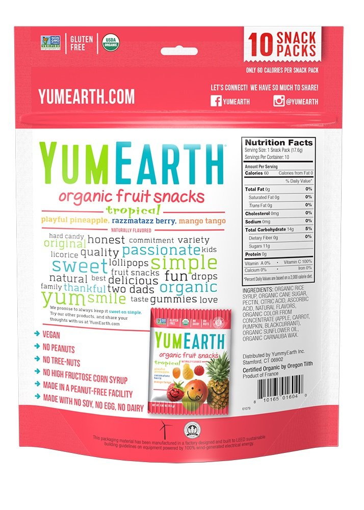 YumEarth Organic Tropical Fruit Snacks - 10 Pouches per Pack, 6.2oz (Pack of 12) | Gluten-Free, Vegan & Non-GMO | Healthy Kids Snacks for School, Travel & Lunchboxes