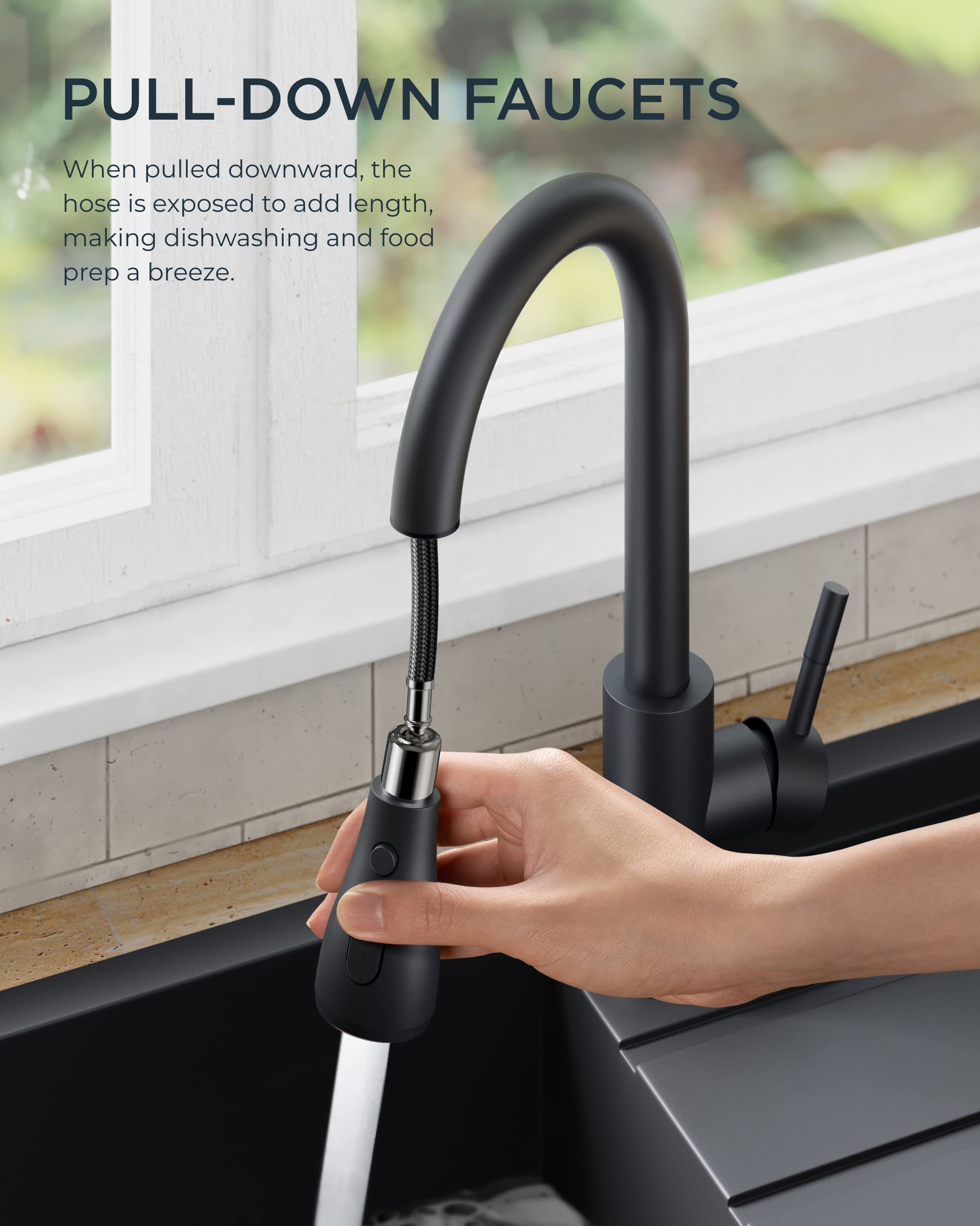 FORIOUS Black Stainless Steel Kitchen Faucet with Pull Down Sprayer - High Arc Single Handle Sink Faucet for 1 or 3 Hole Installation | Perfect for Farmhouse, RV, Camper, Laundry & Bar Sinks (Modern Water-Saving Design)