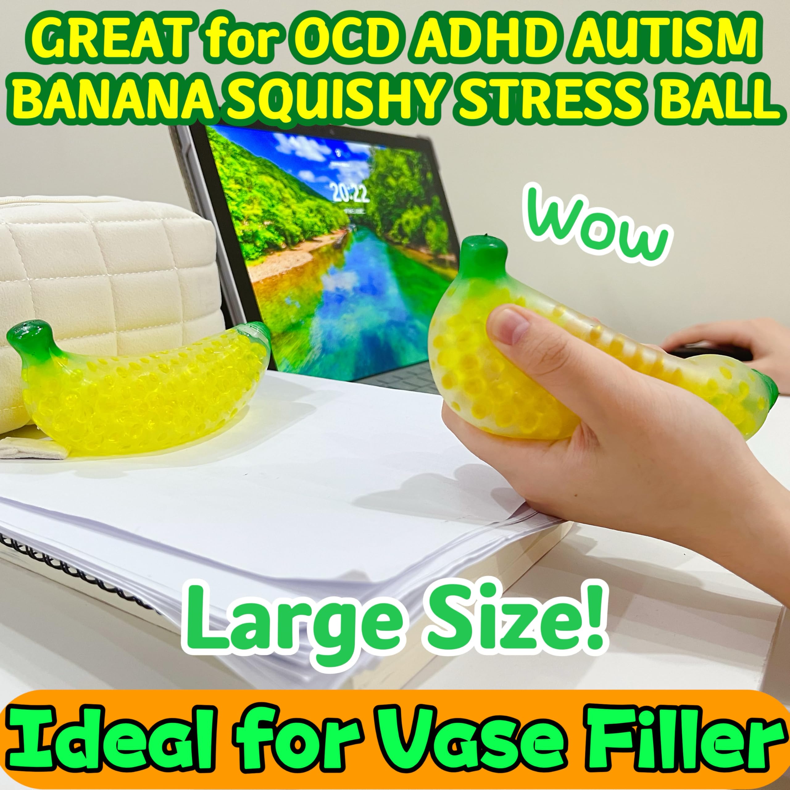 Squishy Banana Stress Balls - Stretchy Fruit Stress Relief Toys for Adults & Kids | Fun Party Favors, Vase Fillers, Home & Christmas Decorations, Easter Basket Stuffers | Perfect for Office Stress Relief, Classroom Rewards & Sensory Play