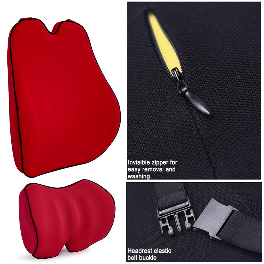 Memory Foam Car Lumbar Support & Neck Pillow Set - Ergonomic Back Pain Relief Cushion for Mazda CX-3/CX-5/MX-5/M2/M3/Axela/M6/Atenza/CX-7/M5/CX-9 - Red (1PC) - Perfect for Long Drives & Road Trips