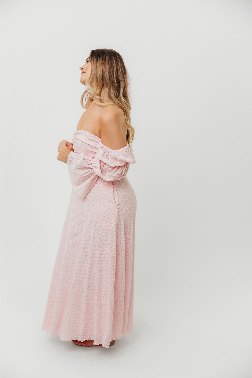 Corrine Tiered Sleeve Maxi Dress with Pockets - Baby Pink Maternity Dress | Bump Friendly & Comfortable for Pregnancy, Nursing, Special Occasions & Summer Weddings