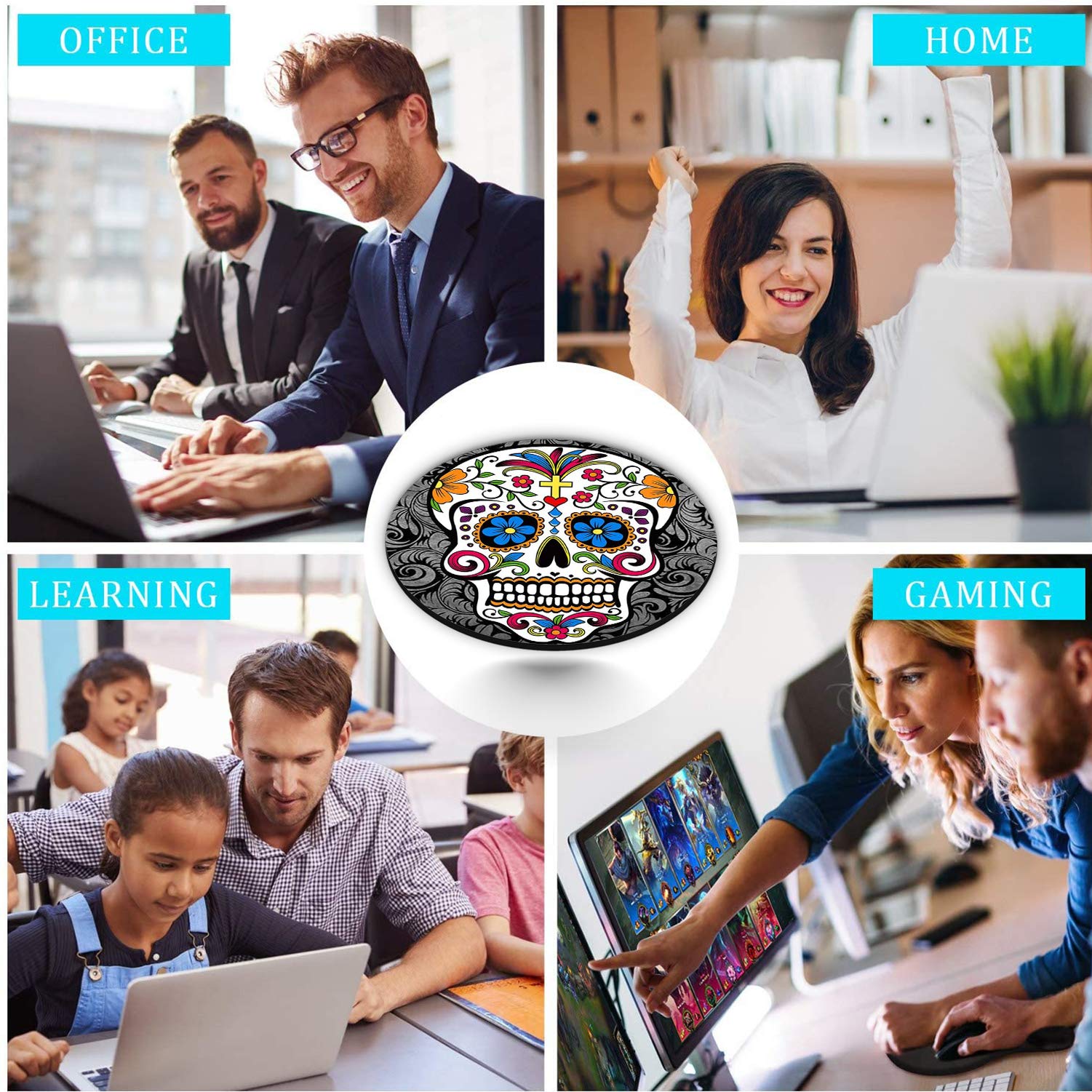 Round Mouse Pad and Coasters Set with Sugar Skull Design - Non-Slip Rubber Base for Office & Gaming - Ergonomic Computer Accessories for Workstations and Home Desks
